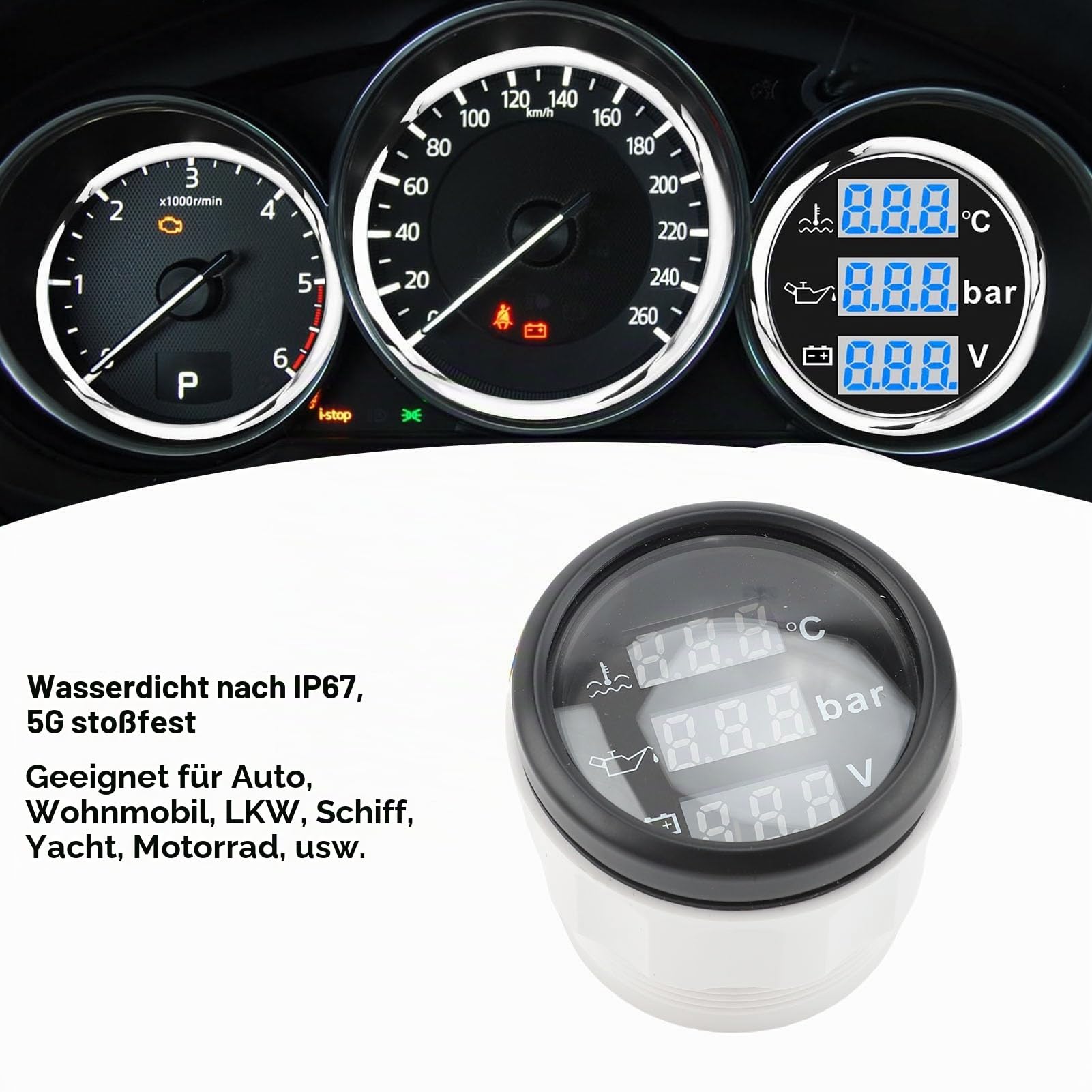 Digital Gauge, 52 mm 3 in 1 Bootsanzeige mit Wassertemperatur, Öldruck und Voltmeter, IP67 Dreifachmeter für Autos, Lastwagen, Wohnmobile und Motorräder (Black Dial Black Cover)