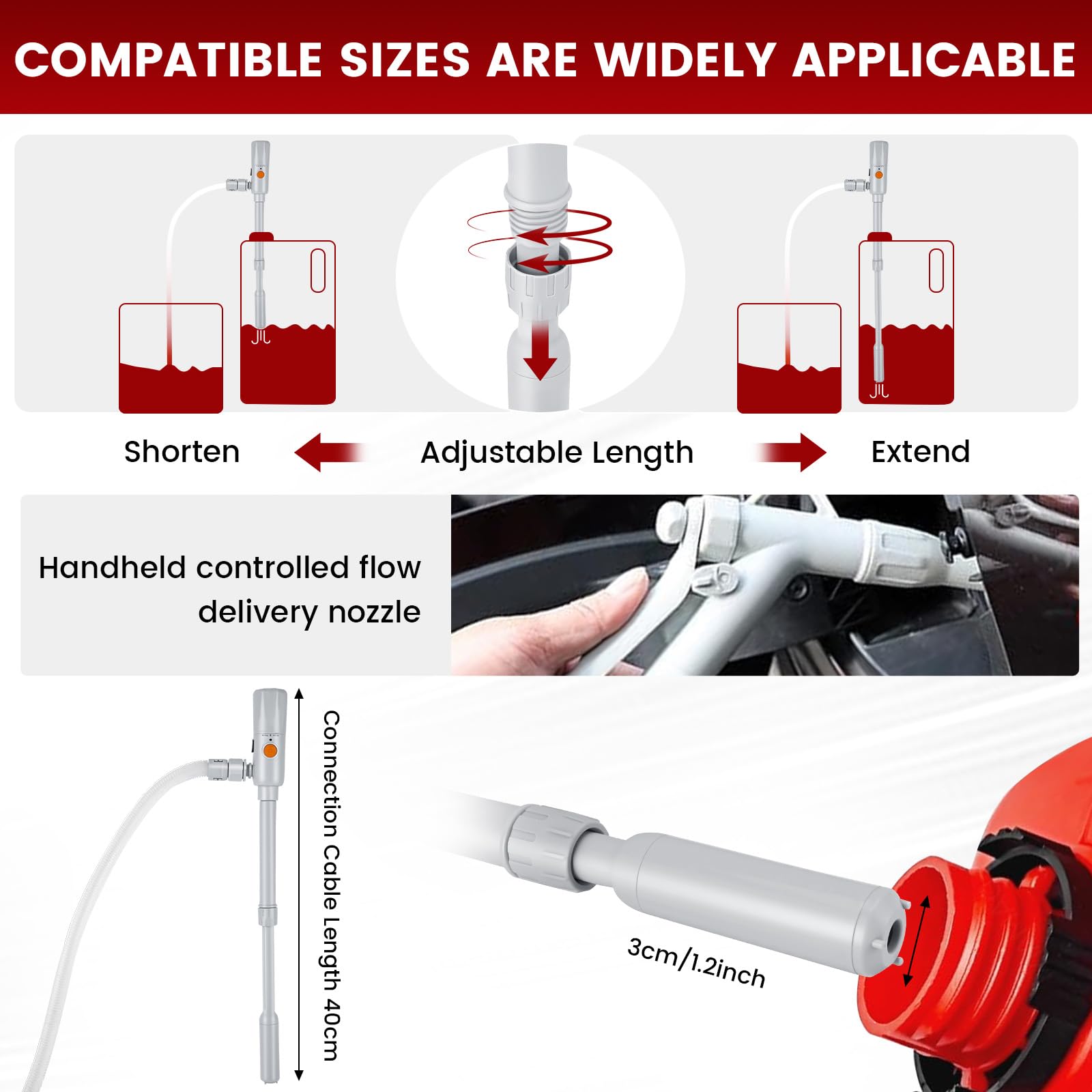 Bomba de Transferencia de Combustible 2.8 GPM con Parada Automática – Alimentación Dual USB-C/Pilas AA, Manguera Telescópica 51 Pulgadas – Portátil para Gasolina, Diésel Y Aceite