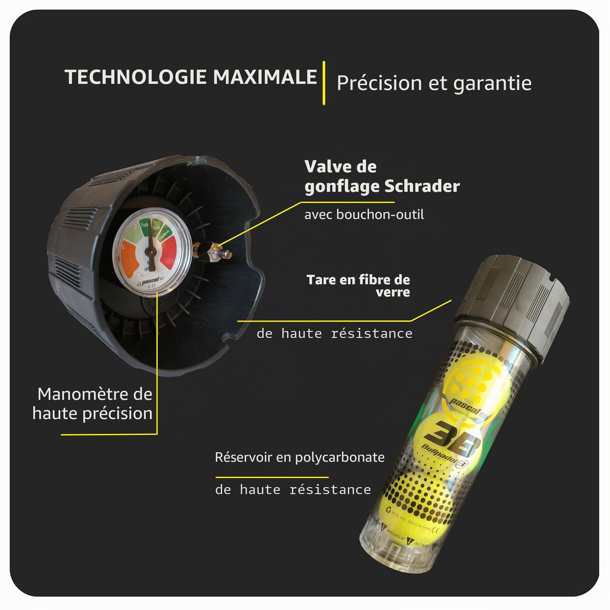 PASCAL BOX - Le seul système de pressurisation complet et de haute précision pour les balles de tennis, de padel et de frontenis. Jouez avec la pression prescrite, toujours.