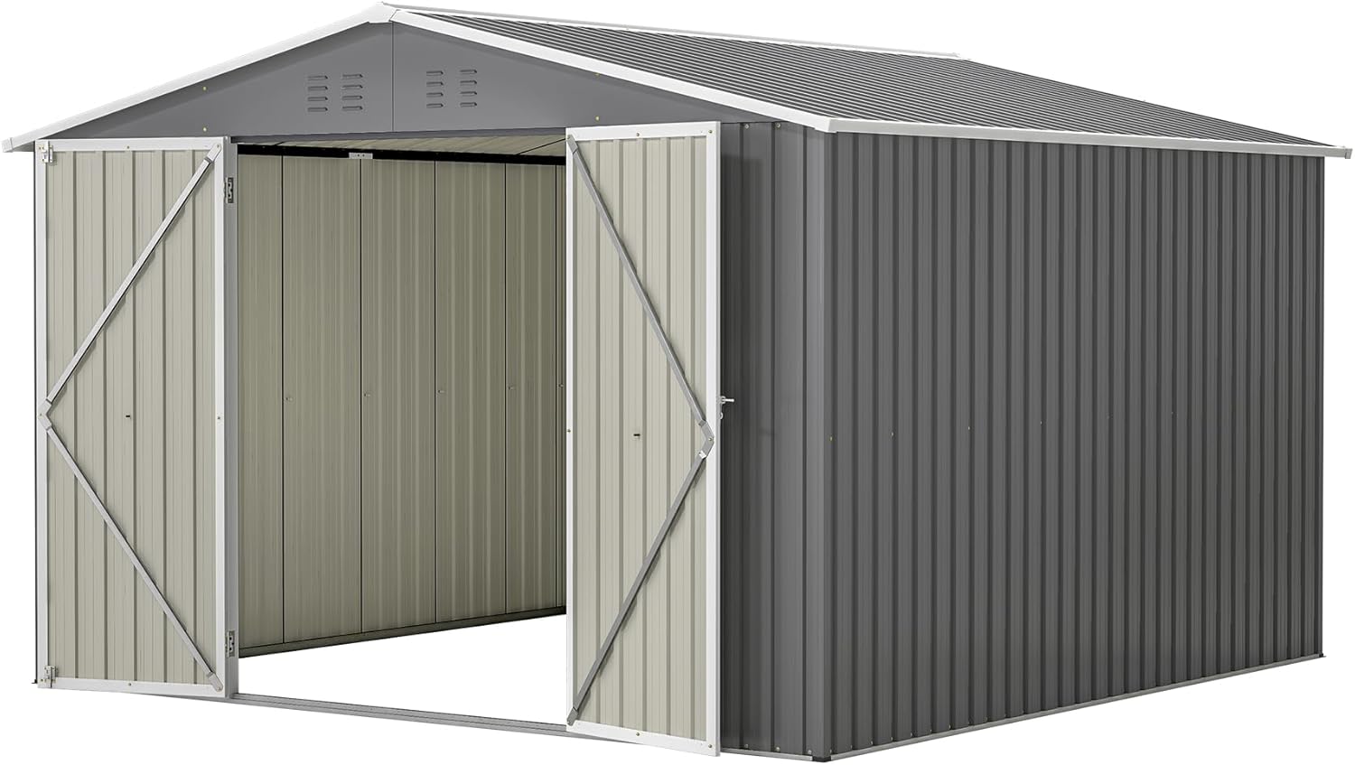 LZBEITEM 10x10 Ft Metal Outdoor Storage Shed with open doors and interior view