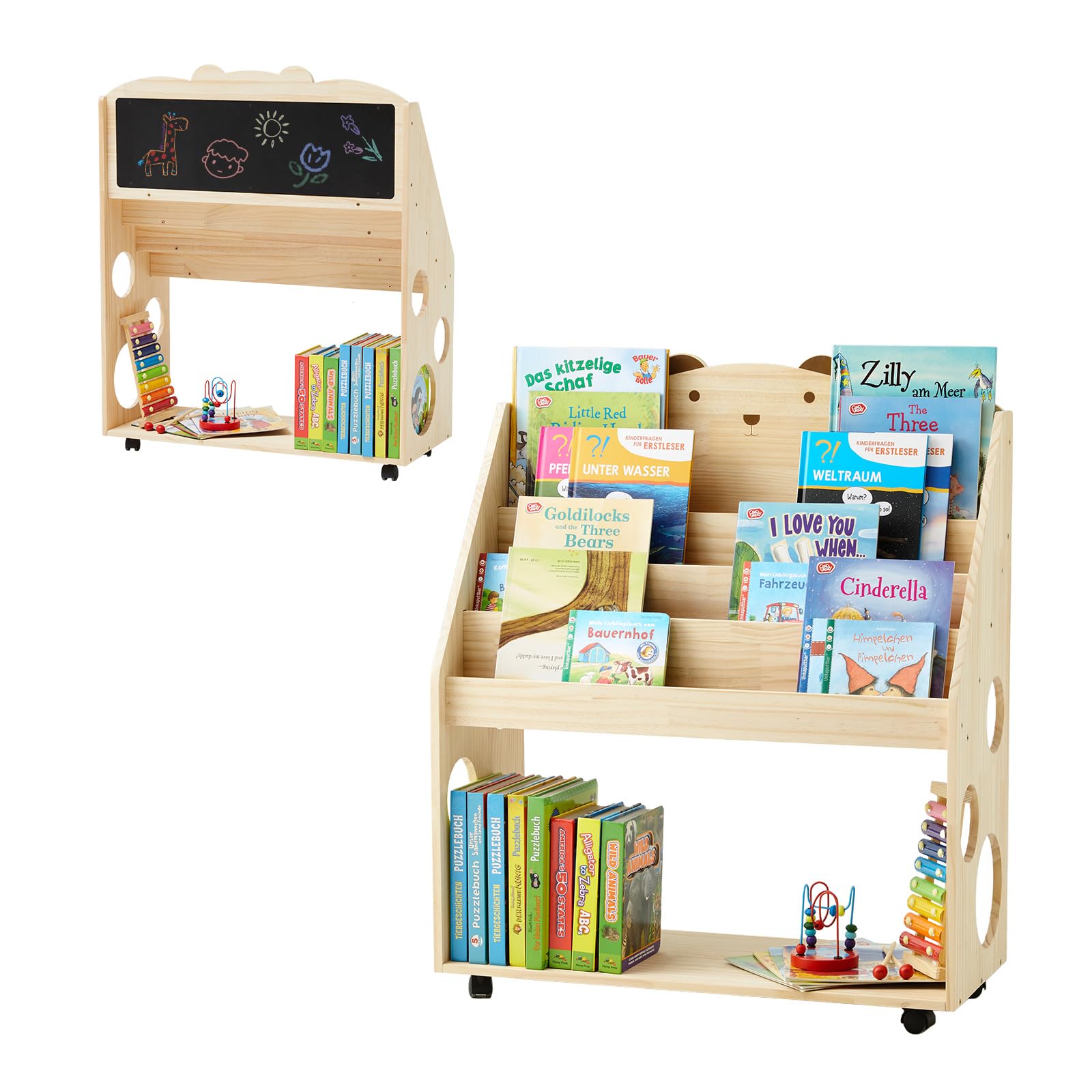 DENMOSTY Kinder Bücherregal Montessori mit Rollen & Tafel, 5-stöckiges Kinderregal Kinderbücherregal Kinderzimmer, Bücher Kinder Regal aus Holz, Spielzeugregal Aufbewahrungsregal Natur