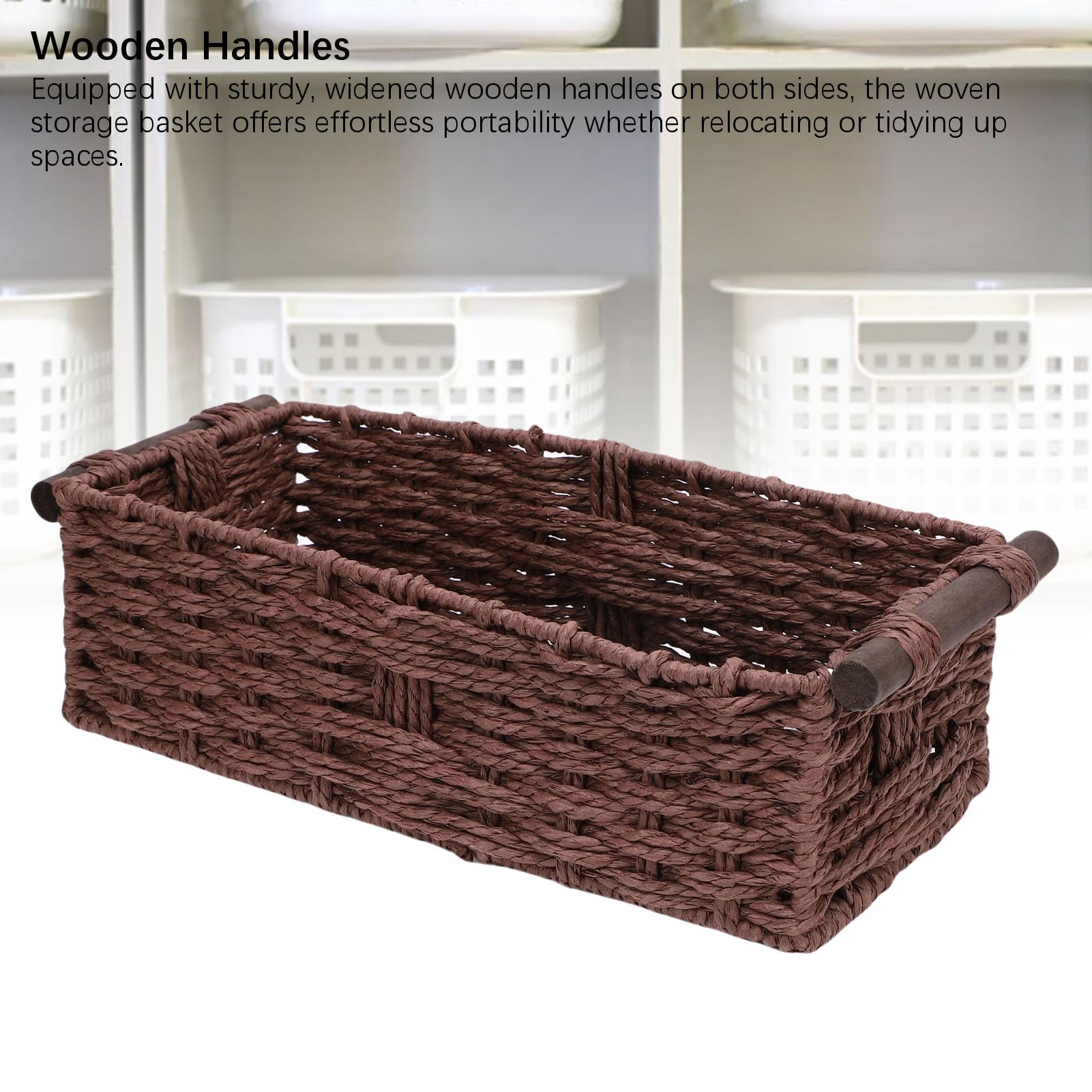 Wakects Cesta de Almacenamiento de Cuerda de Papel, Cesta de Papel Higiénico Tejida Hecha a Mano con Asas de Madera de Pino, Tapa Decorativa para Tanque de Inodoro para Estantes de Baño, (BROWN)