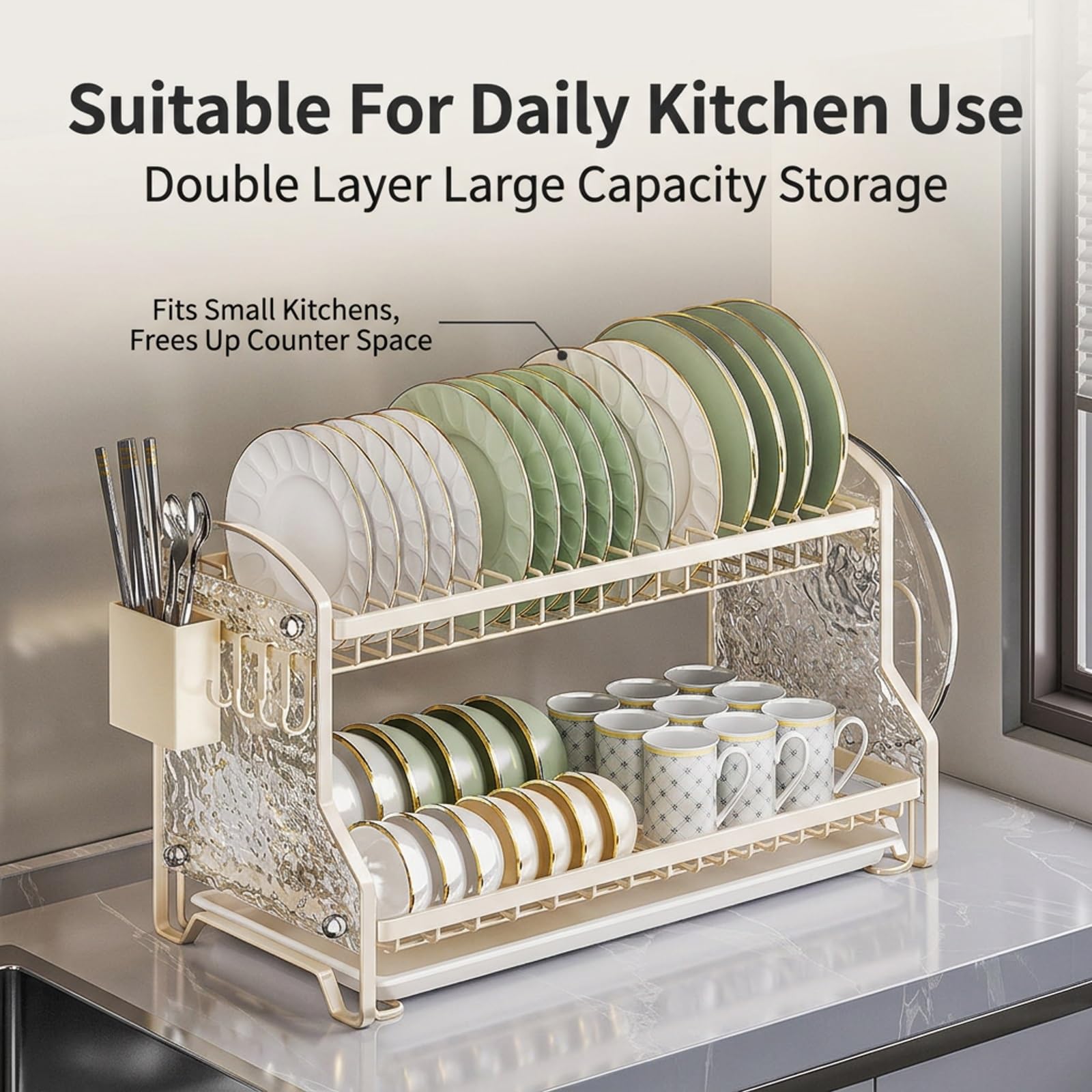 Escurridor de platos de dos niveles, organizador de cocina moderno | Estructura metálica, diseño estilo crema, gran capacidad, drenaje eficiente(White 1,42cm/16.5in)