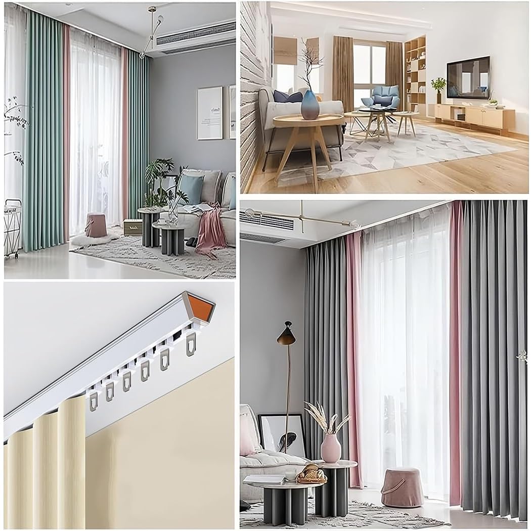 Vorhangschienen Zur Decken- Oder Wandmontage, Aluminium-Gardinenschiene, Vorhangstangensystem Mit Laufrolle Für Schlafzimmer Dusche Büro(Grey,6.6FT/200CM)
