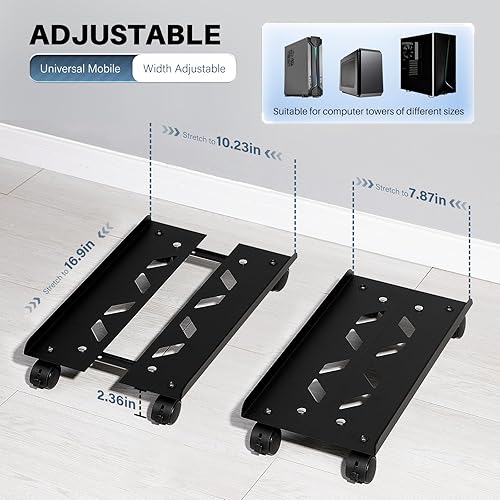 Miniatura 2 de Soporte de torre de computadora móvil, soporte de torre de metal ajustable, soporte de piso de PC con 4 ruedas giratorias de bloqueo, soporte de CPU