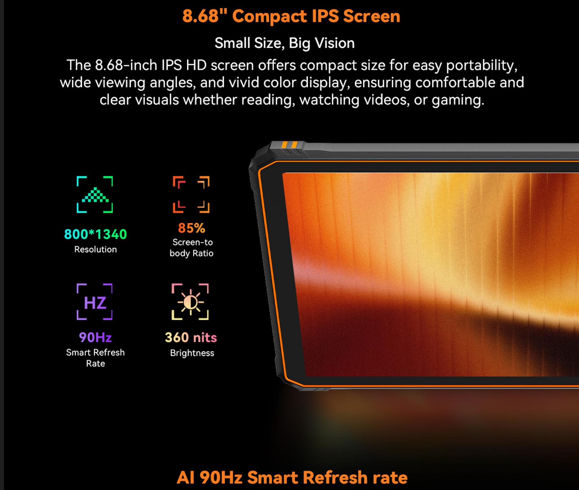 Blackview Active 5 IA Tablet Teléfono Resistente, 3 Modelos de IA, 8.68" HD+ 90Hz, Impermeable IP68/IP69K Android 15 Antigolpes, 24GB+128GB, Dual SIM 4G LTE, 16MP+13MP, GPS Huella Digital Naranja