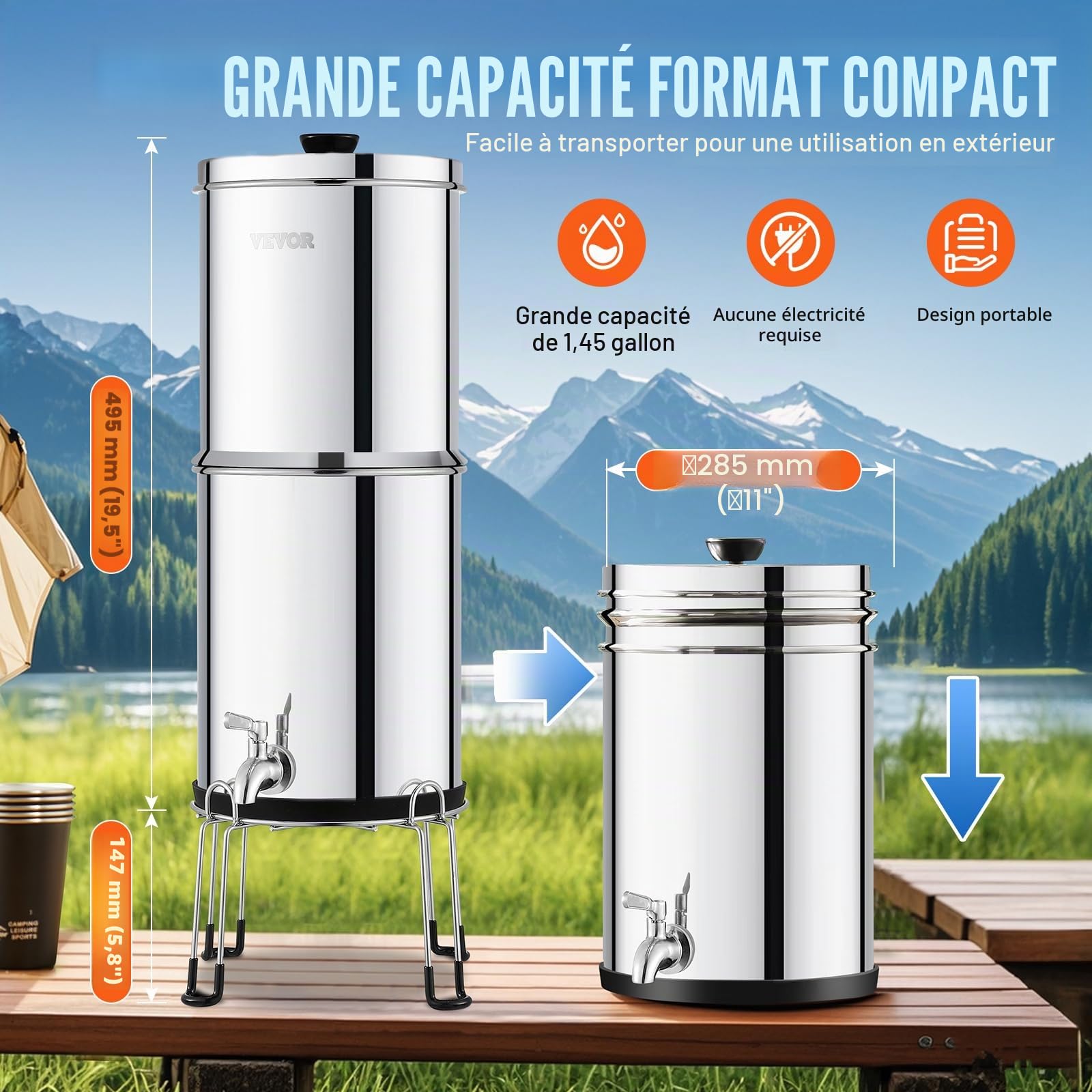 VEVOR Système de Filtration d'Eau par Gravité 8,5 L, Filtre à Eau par Gravité de Comptoir, en Inox 304, Réduction du Plomb et jusqu'à 99% du Chlore, avec 2 Filtres à Charbon, Robinet et Stand