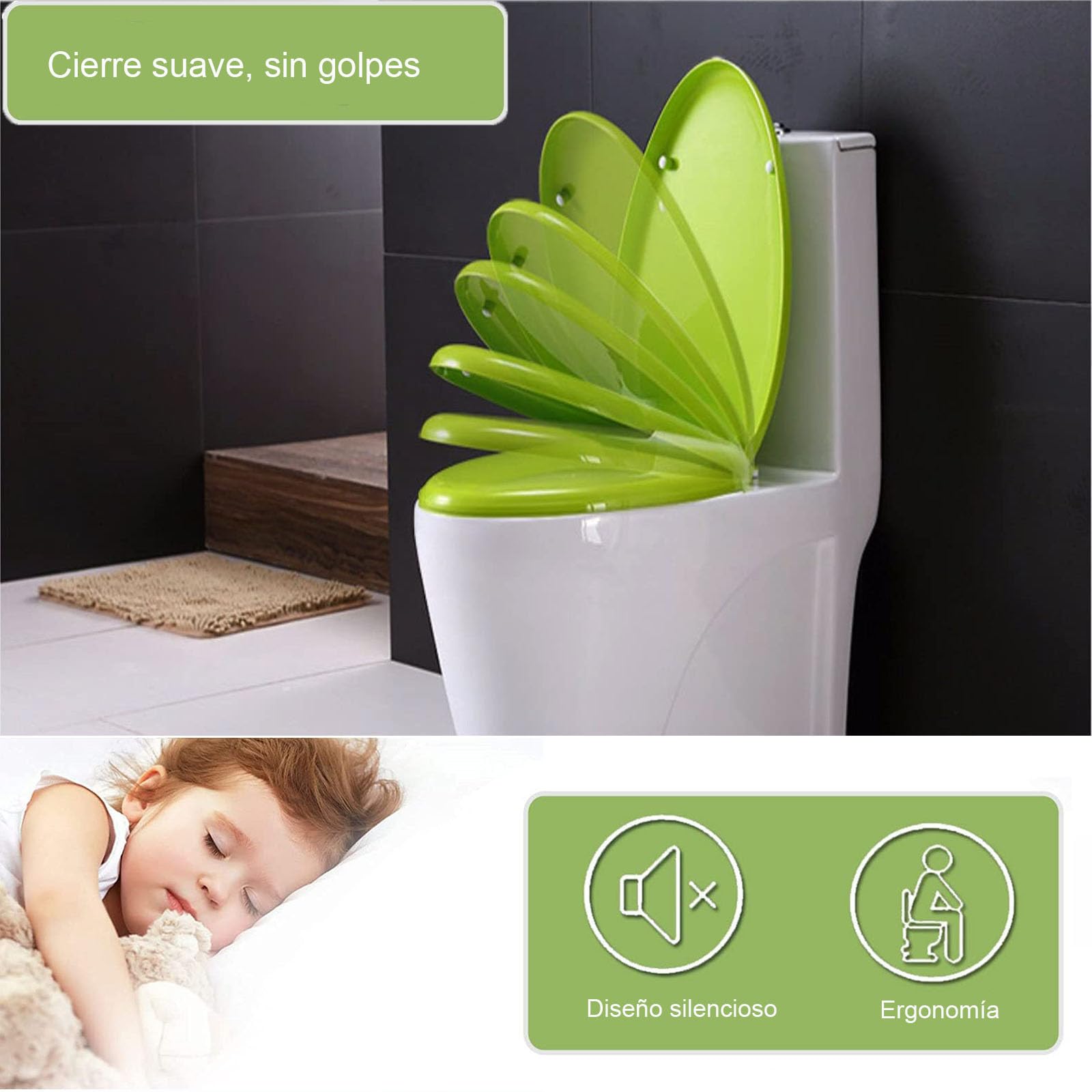 Tapa WC Universal - Tapa de Inodoro de PP en Forma O, Asiento de Inodoro de Cierre Suave con Liberación Rápida para una Fácil Limpieza, Capacidad 150KG, 36x41cm, Verde