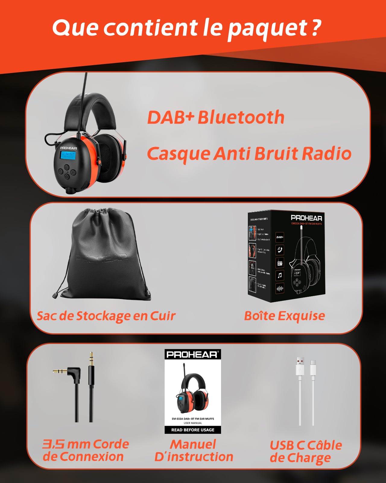 PROHEAR 033A Casque Anti Bruit Radio, DAB+/FM Radio et Bluetooth sans fil, Protection Auditive Electronique Rechargeable, SNR 31dB/NRR 25dB, Pdéal Pour Chantier, Atelier, Jardin et Tonte, Orange