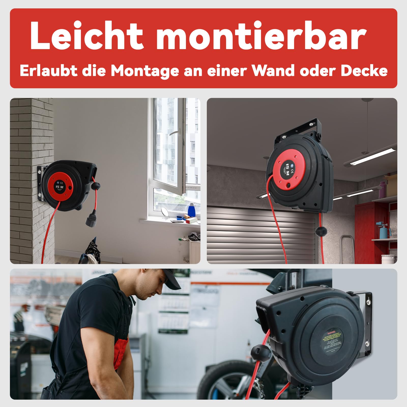 Avvolgicavo 15 m + 2 m, 2300 W, cavo di prolunga montato a parete, avvolgimento automatico, rotazione di 180°, rilevamento TÜV, materiale di installazione incluso