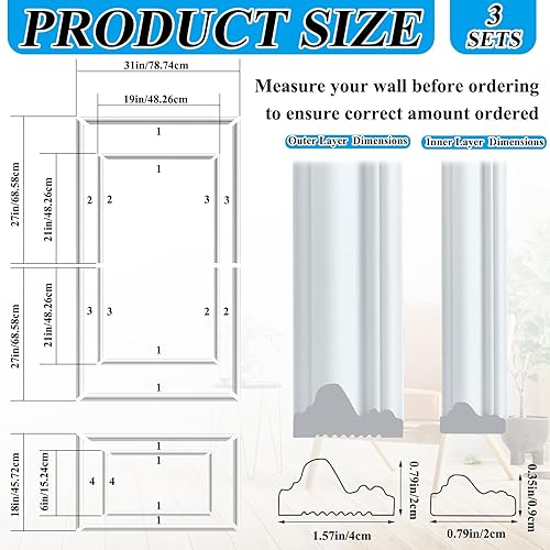 Miniatura 2 de Pangda Juego de 3 kits de molduras de pared adhesivas estilo capa interior y exterior, panel de zócalo prefabricado para decoración de molduras de