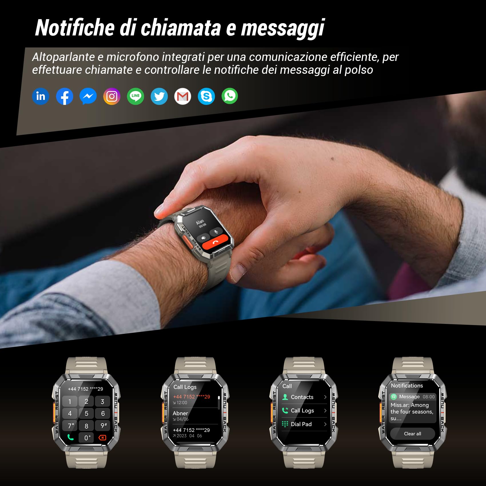 IOWODO Smartwatch Uomo,2.01“ Militari Smart Watch con Chiamate,Orologio Fitness Tracker con Torcia,100+ Modalità Sport Smart Watch con Contapassi/24H Cardiofrequenzimetro/Sonno per Android iOS