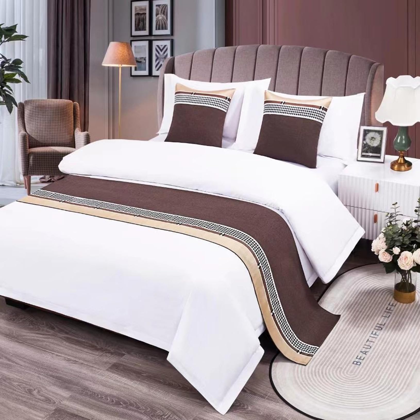 TTiiLoe Hotel Bed Runner Double-sided Bed Cover, Cotton Linen Bed Scarves Bedspreads Throw Decor Protection, Coffee, 50 * 180cm for 1.2m Bed