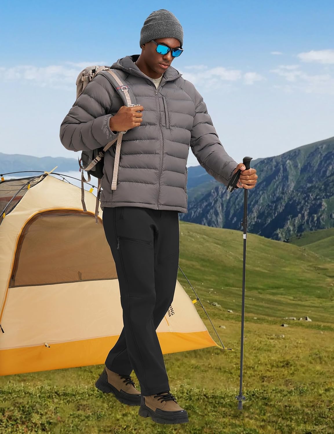 YSENTO Men's Insulated Snow Ski Pants Waterproof Winter Fleece Lined Softshell Hiking Cargo Pants Zipper Pockets - Image 3