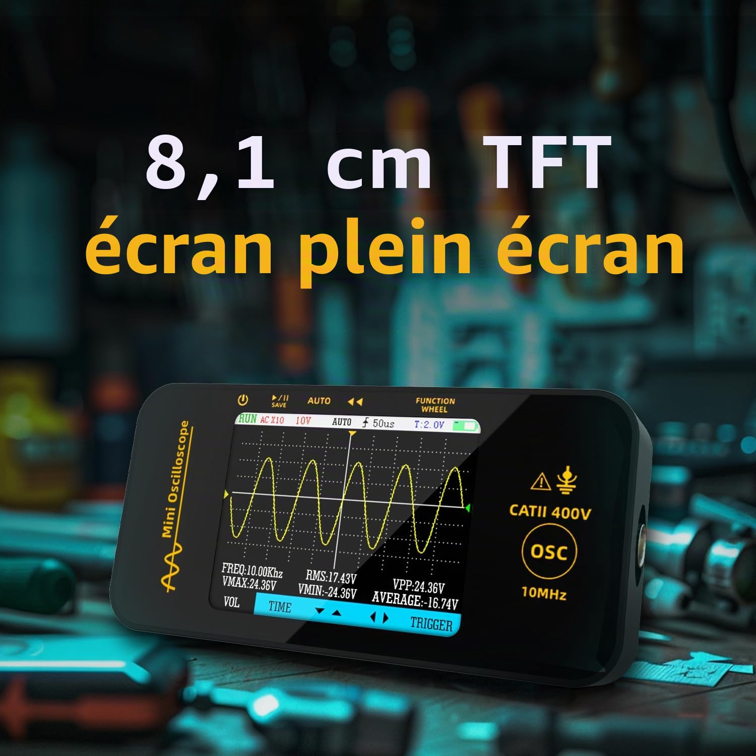 BSIDE Oscilloscope portable 3,2" TFT Oscilloscope numérique portable 10 MHz, débit automobile, oscilloscope 48 MSA/s, fréquence d'échantillonnage, fonction automatique/nome/unique