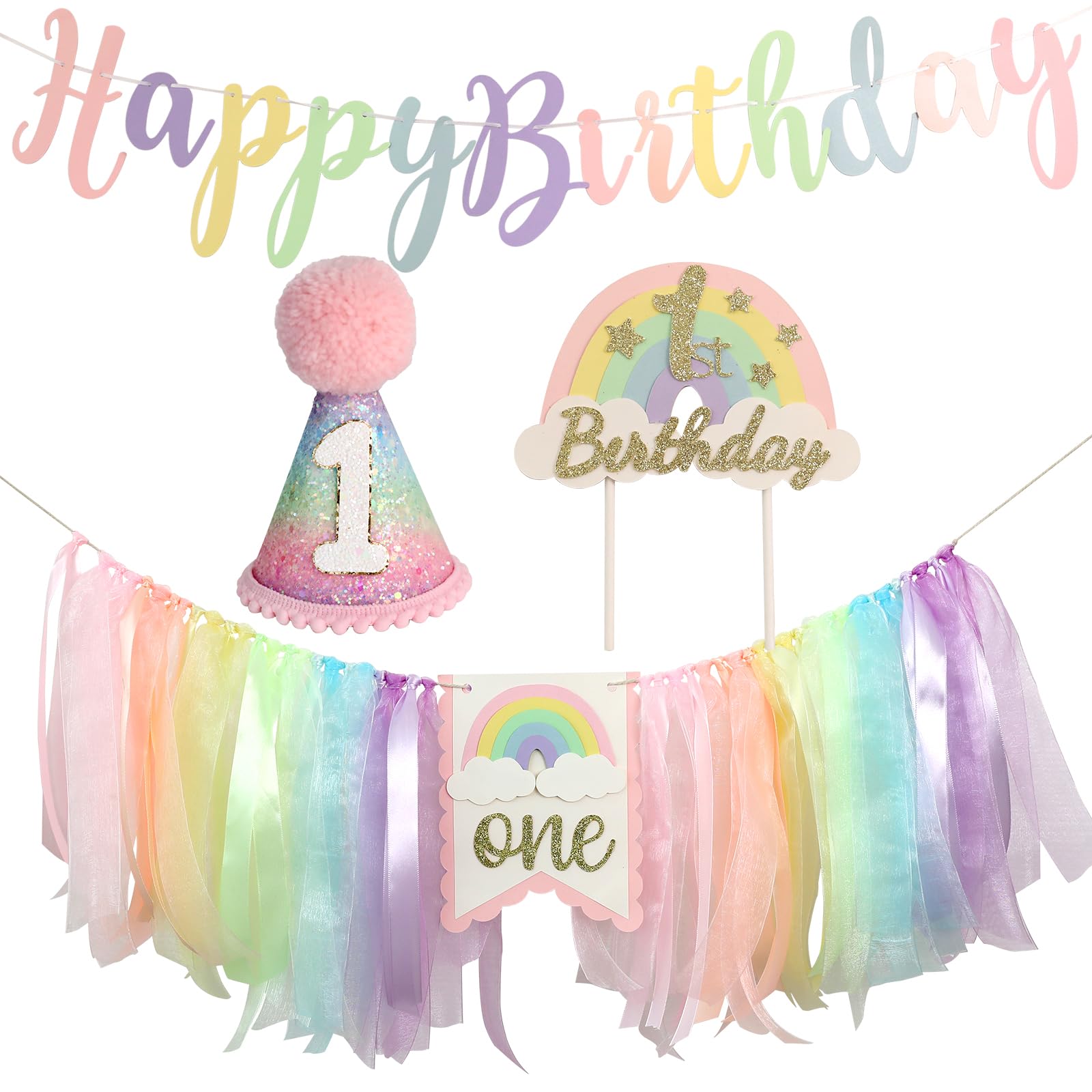 Macaron Pastel Rainbow High Chair Banner for 1st Birthday Decorations First One Birthday Party Girl with Cake Topper