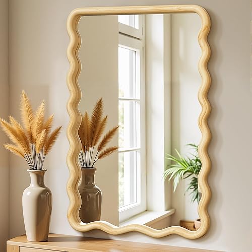 Miniatura 9 de Espejo de baño para pared, 24 x 36 pulgadas, espejo bohemio de madera ondulado, espejo decorativo grande de longitud completa con vidrio templado,