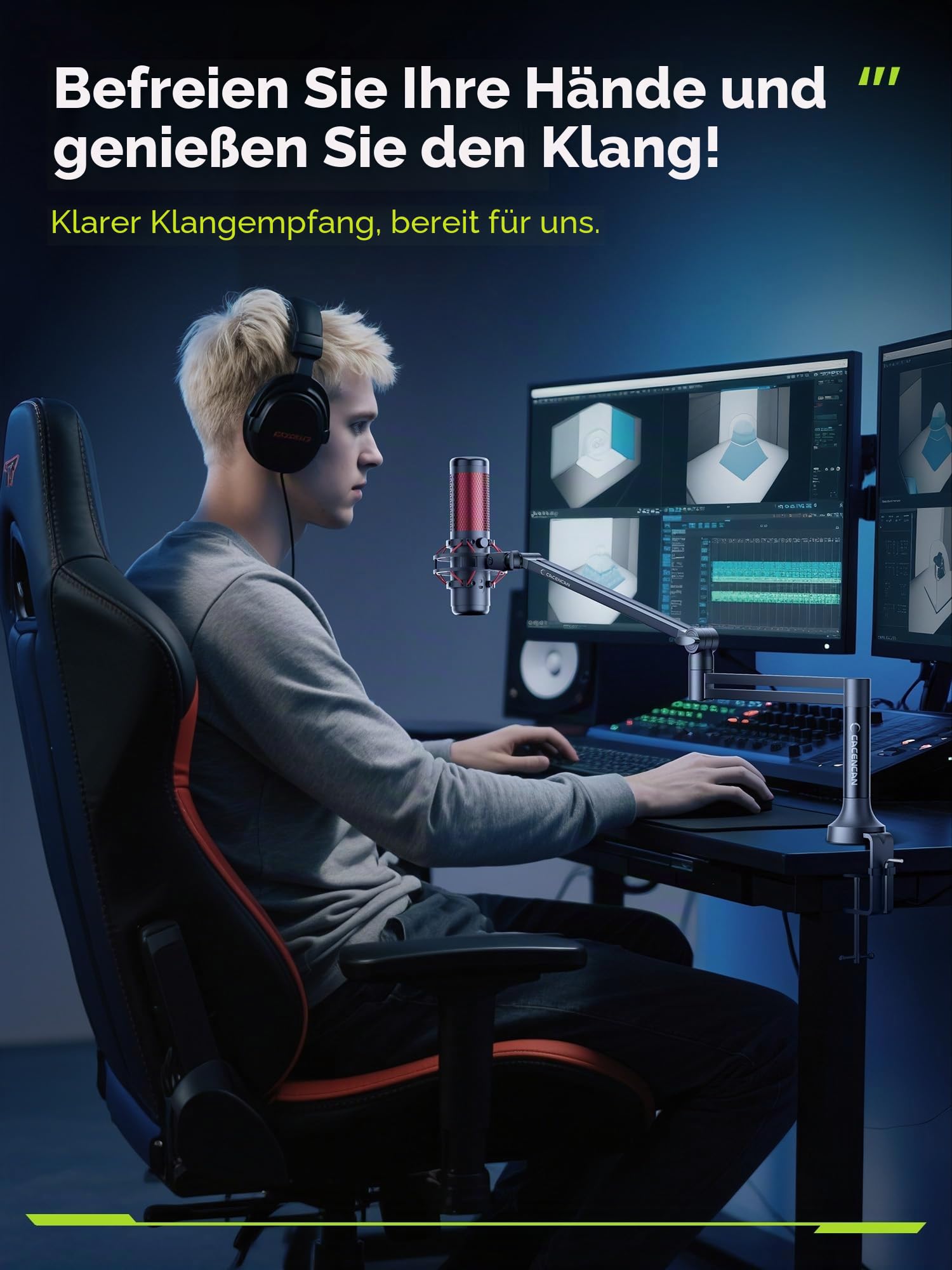 M05 Pro Galgenarm, 360° drehbarer Mikrofonständer mit Tischhalterung, faltbarer Schreibtisch-Mikrofonarm mit 3/8 Zoll auf 5/8 Zoll Schraubadapter, Mikrofonarm für Live-Streaming, Gaming (Schwarz)