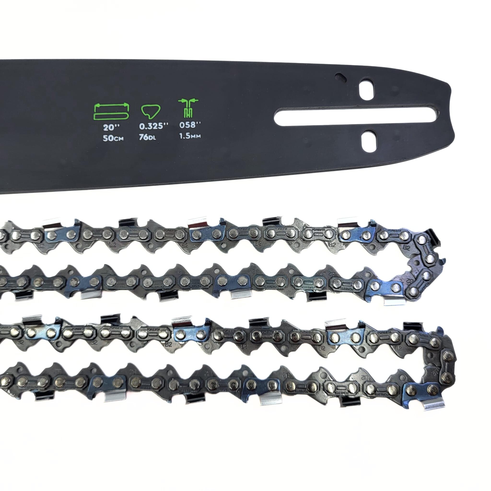 FORESTA Guide + 2 Chaînes tronçonneuse 76entraineurs 50cm de coupe 0,325″ 0.058″ convient pour Oregon 208SLGK095 + 21LPX076E, 208VXLGK095 + 21LPX076E, 208PXBK095 + 21LPX076E