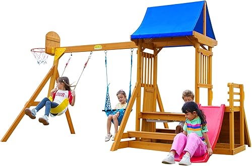Juegos de columpios para niños para patio trasero, juegos de madera para patios traseros con tobogán ondulado, pared de escalada en roca, caja de
