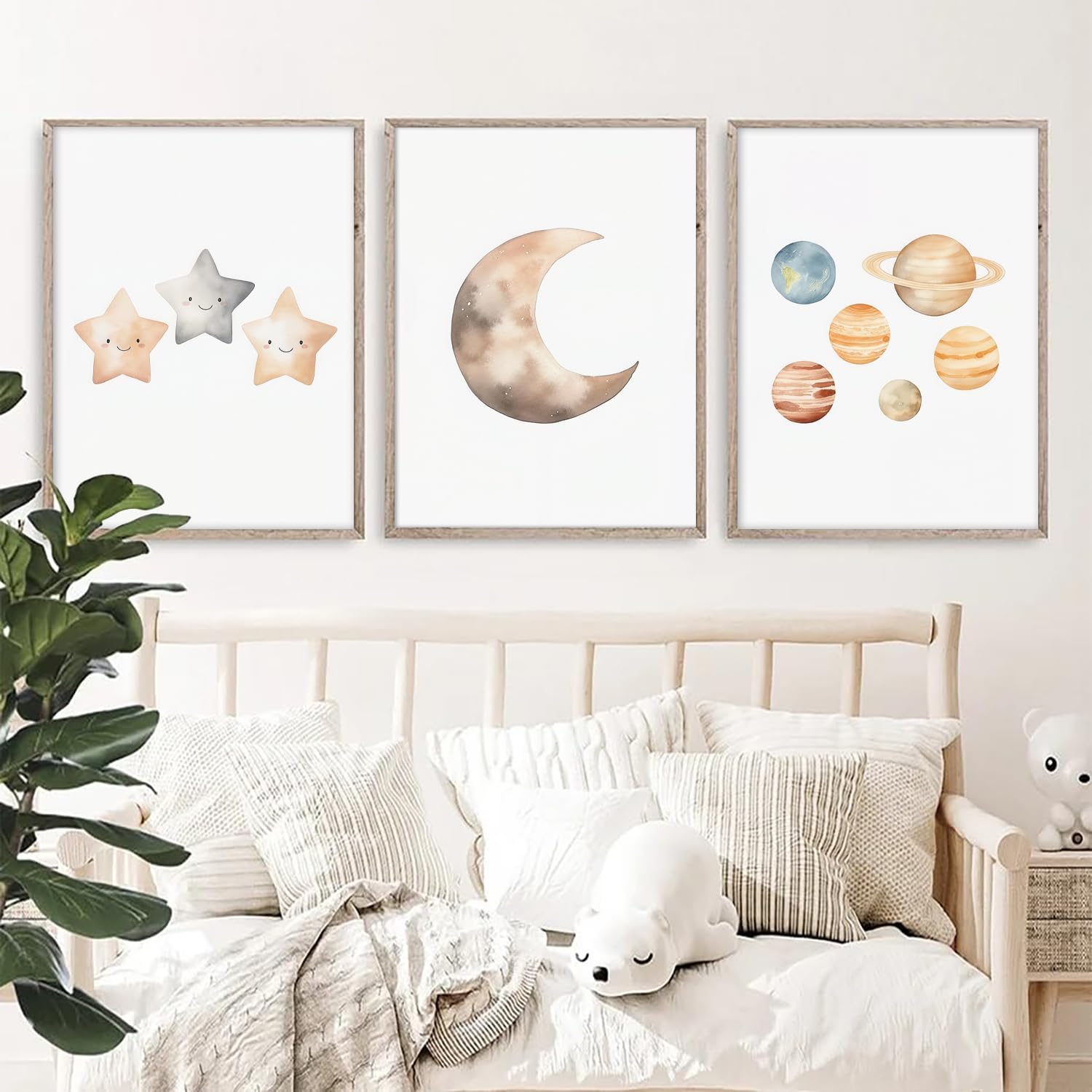 Boho Moon Stars and Planets Canvas Art Watercolors Painting Nursery Wall Art Posters Prints Pictures Baby Kids Room Decor 12x16 Inch Unframed