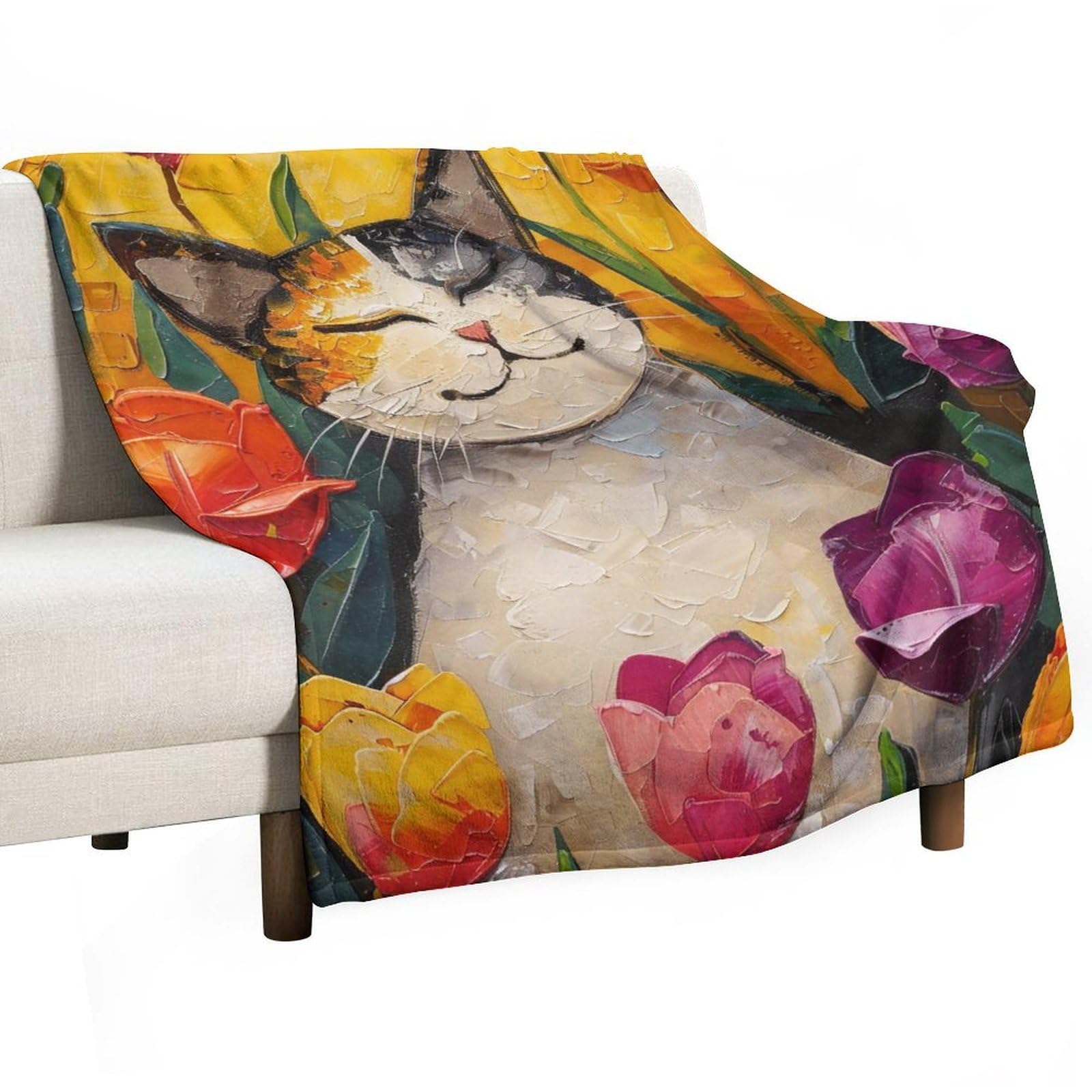 Yhgsreuoh White-Style Happy Cat In Tulip Garden 03 Flannel Blankets Fleece Soft Throw Lightweight Plush Gifts For Couch, Bed, Cozy Sofa Plush, Chair, Lovers 80X100cm(30X40in)