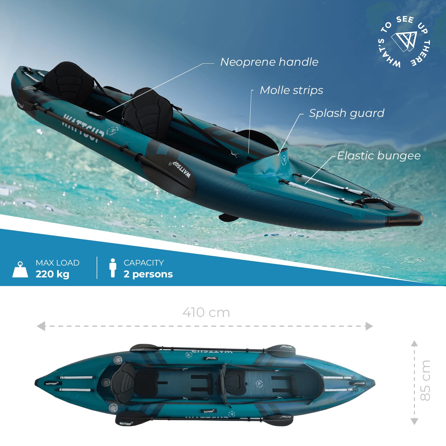 Wattsup Kayak Inflable 2 Plazas 410 cm x 85 cm PVC Laminado Dropstitch Pack Completo 220 kg