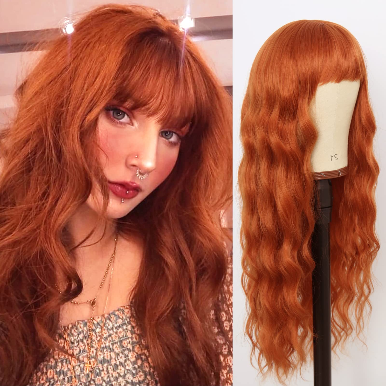 HELENE Ginger Orange Wavy Wigs with Bangs Burnt Orange Wig for Women  Natural Loose Curly Wigs Heat Resistant Synthetic Wig for Daily Cosplay  Halloween