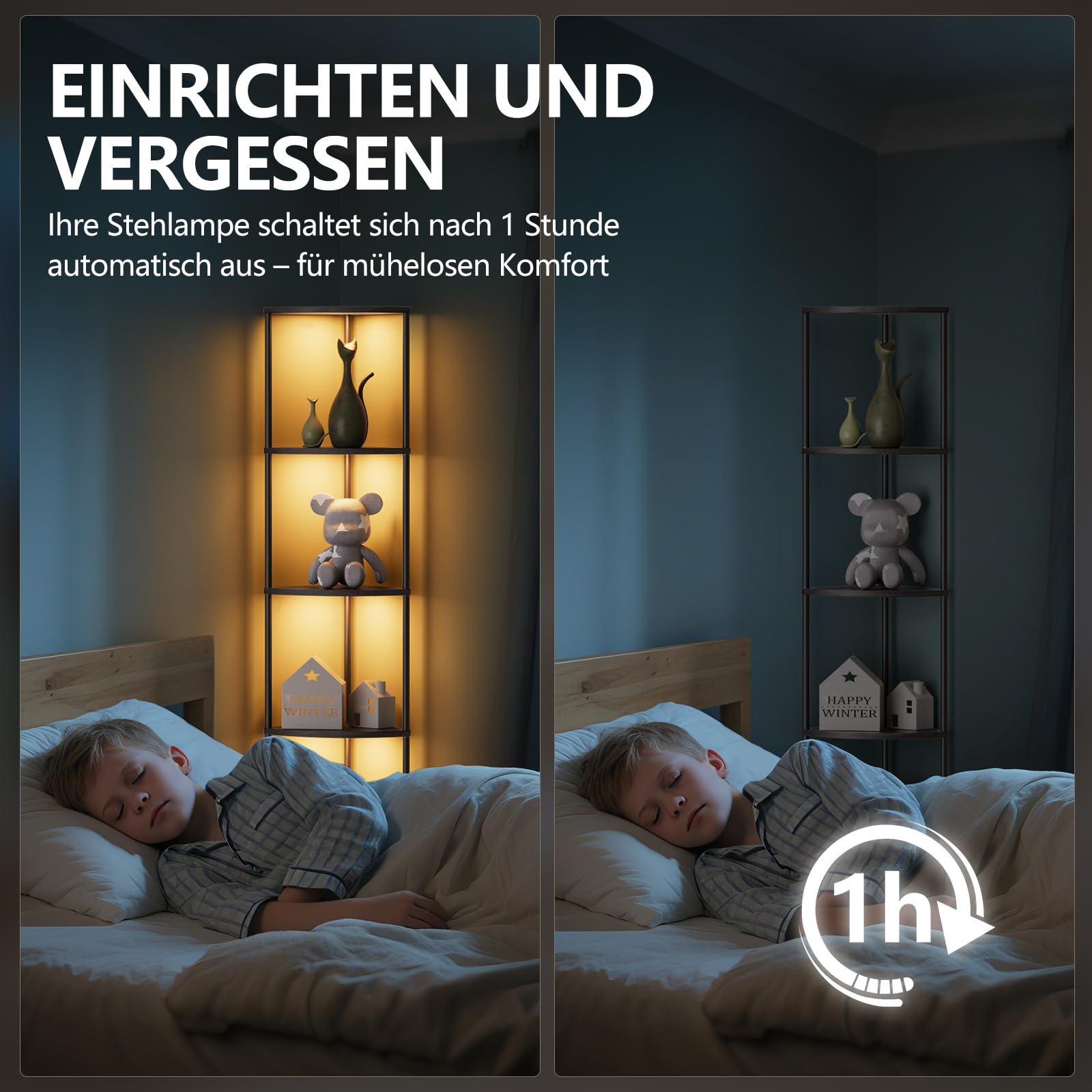 Stehlampe mit Regal Dimmbar 2700K-6500K stehlampe wohnzimmer 4 Farbtemperaturen 6 Farben Standleuchte mit 4 Holzregal und Fernbedienung für Schlafzimmer Ecke Wohnzimmer Büro
