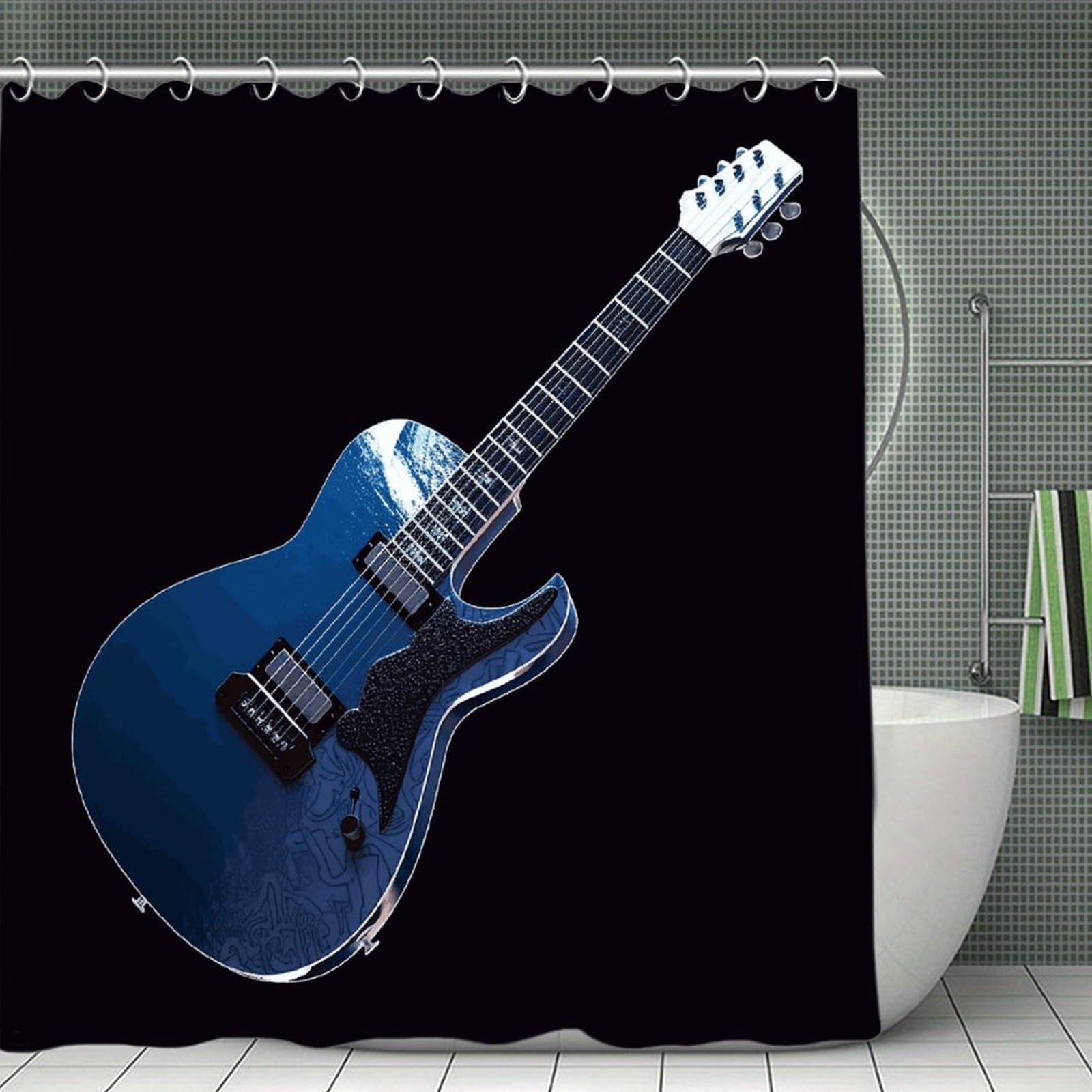 VstaDank Blue Guitar Shower Curtain Waterproof Bathroom Curtain with Hooks Luxury Weighted Bath Curtains for Bathtubs Showers Room Dividers Decorative Shower Curtains 71x71 in