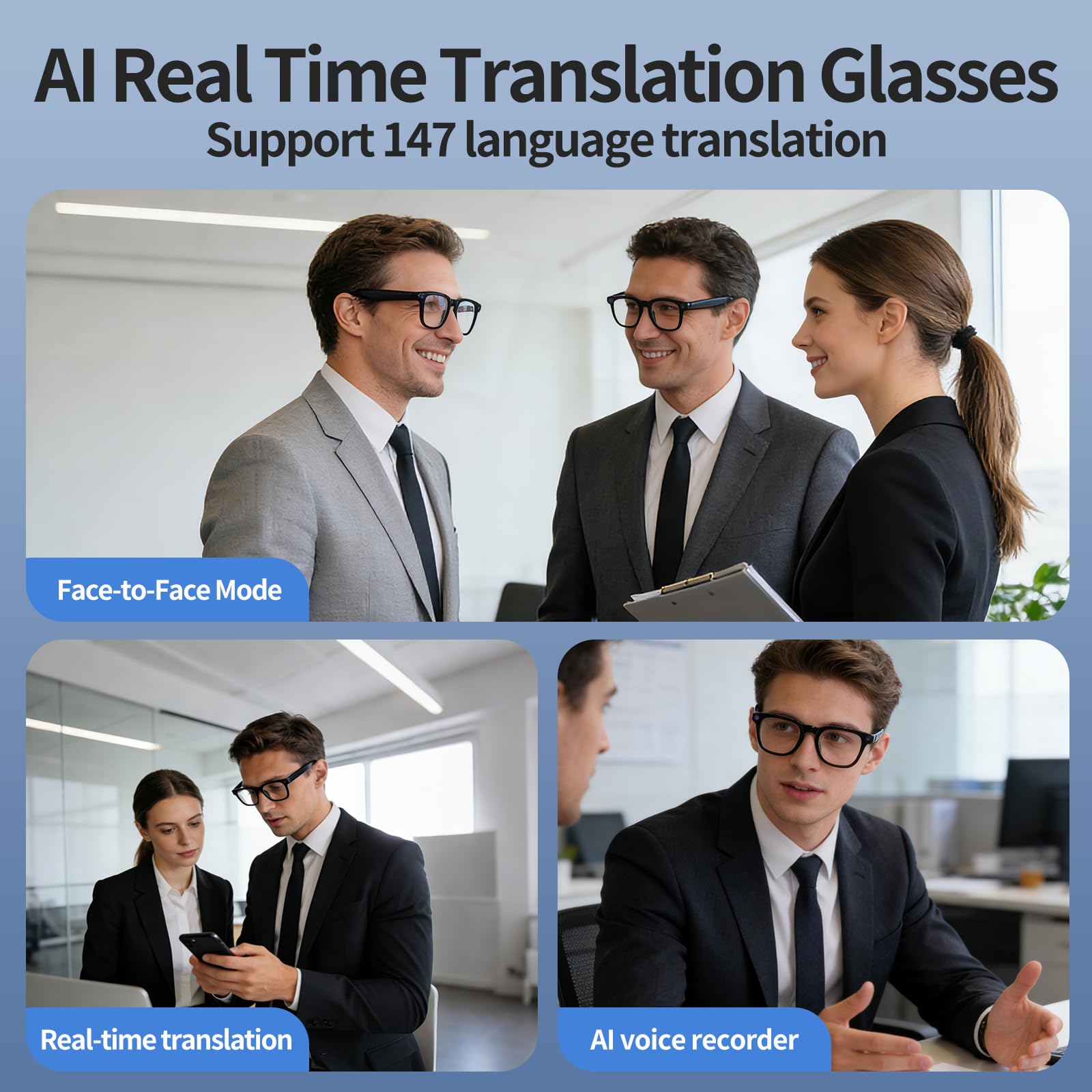 Lunettes intelligentes AI avec caméra 4K, lunettes Bluetooth anti-secousses de 8 MPW, enregistrement vidéo 1080p, réduction du bruit, traduction en temps réel et interprétation simultanée