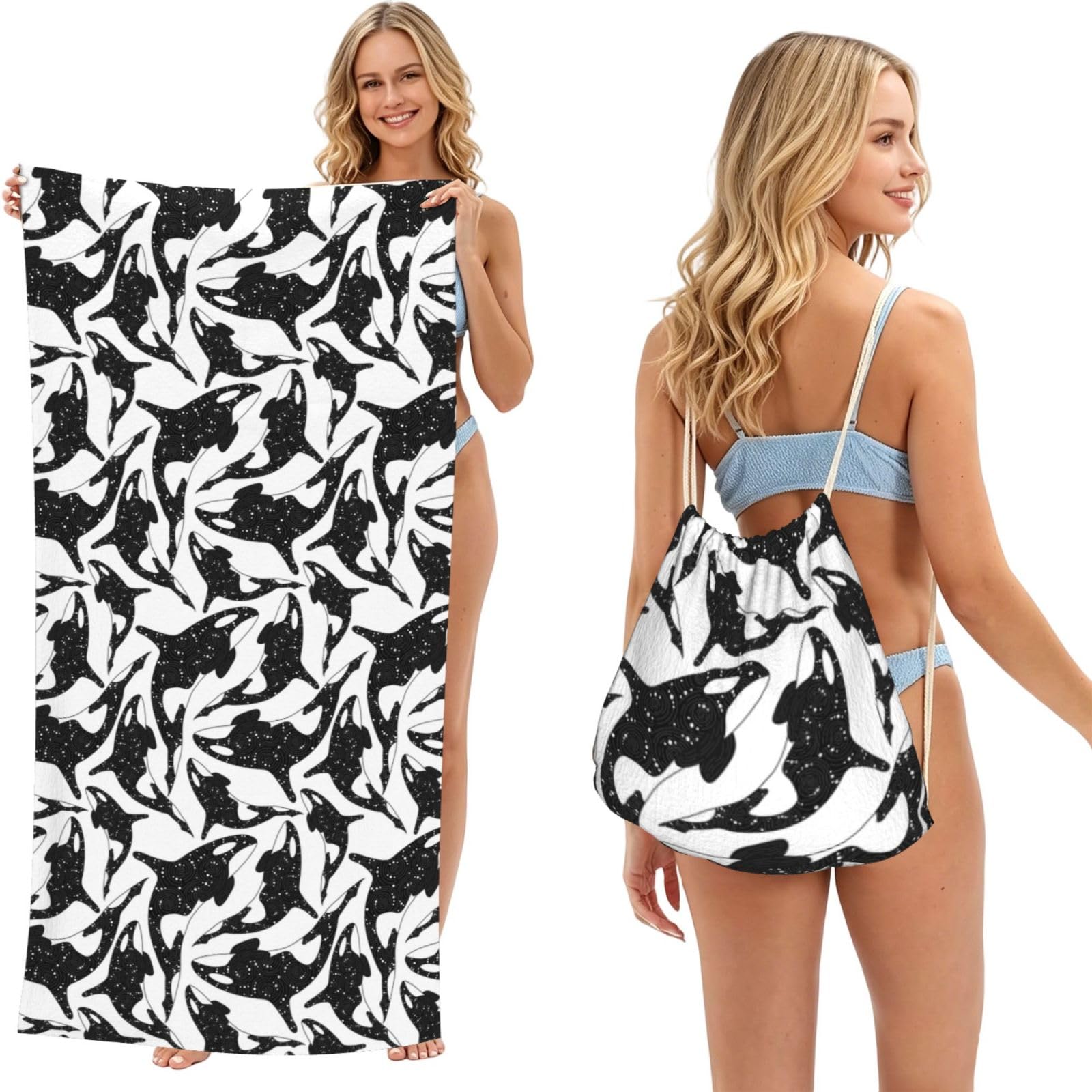 Poadnly As Picture Whale Orca Killer, 2 In 1 Packable Towel Bag, Beach Towels With Drawstring Backpack For Travel Holiday Camping