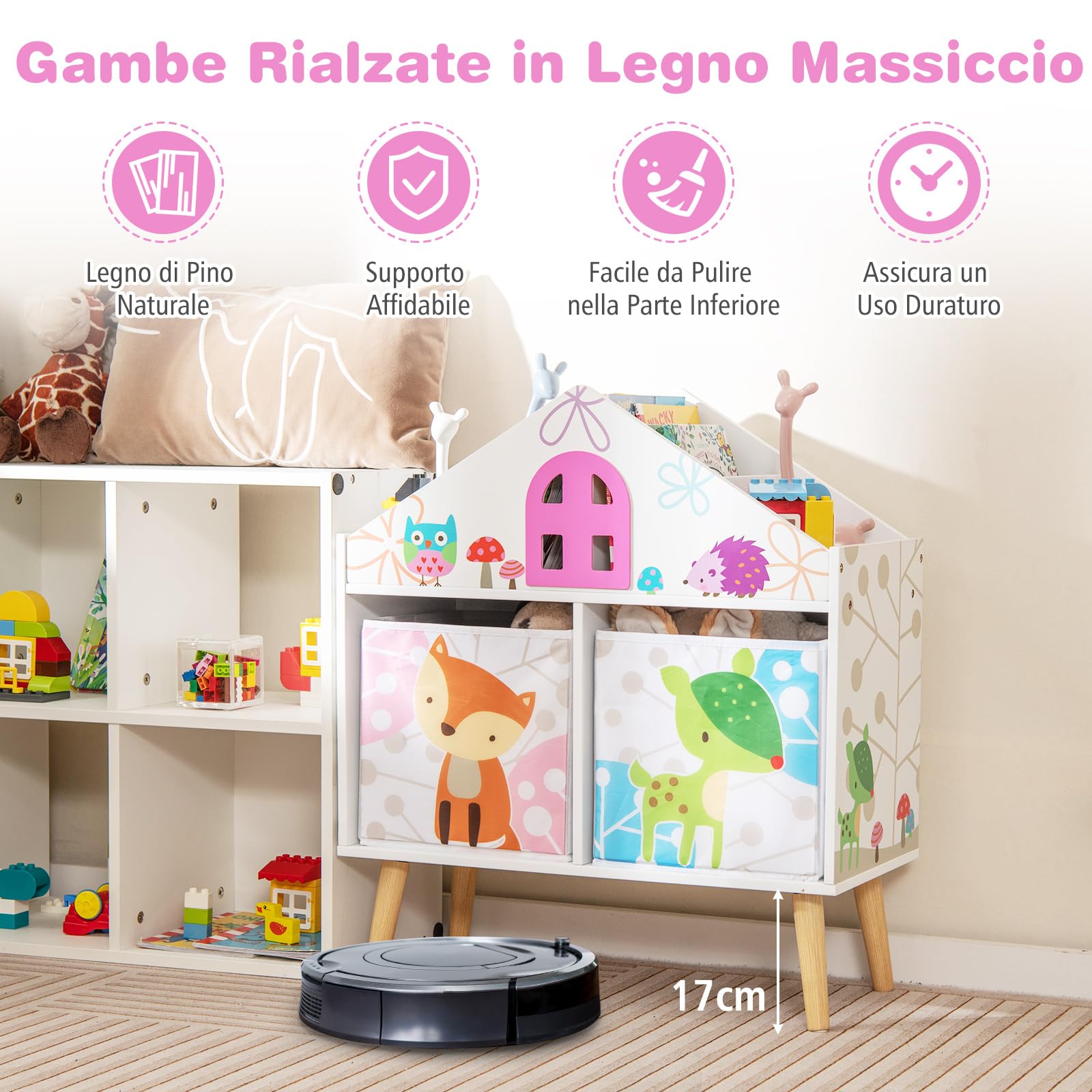 RELAX4LIFE Scaffale Libreria per Bambini in Legno, Organizzatore con 2 Cubi Rimovibili, Contenitore per Giocattoli e Libri, Forma a Casa, per Cameretta e Asilo Nido
