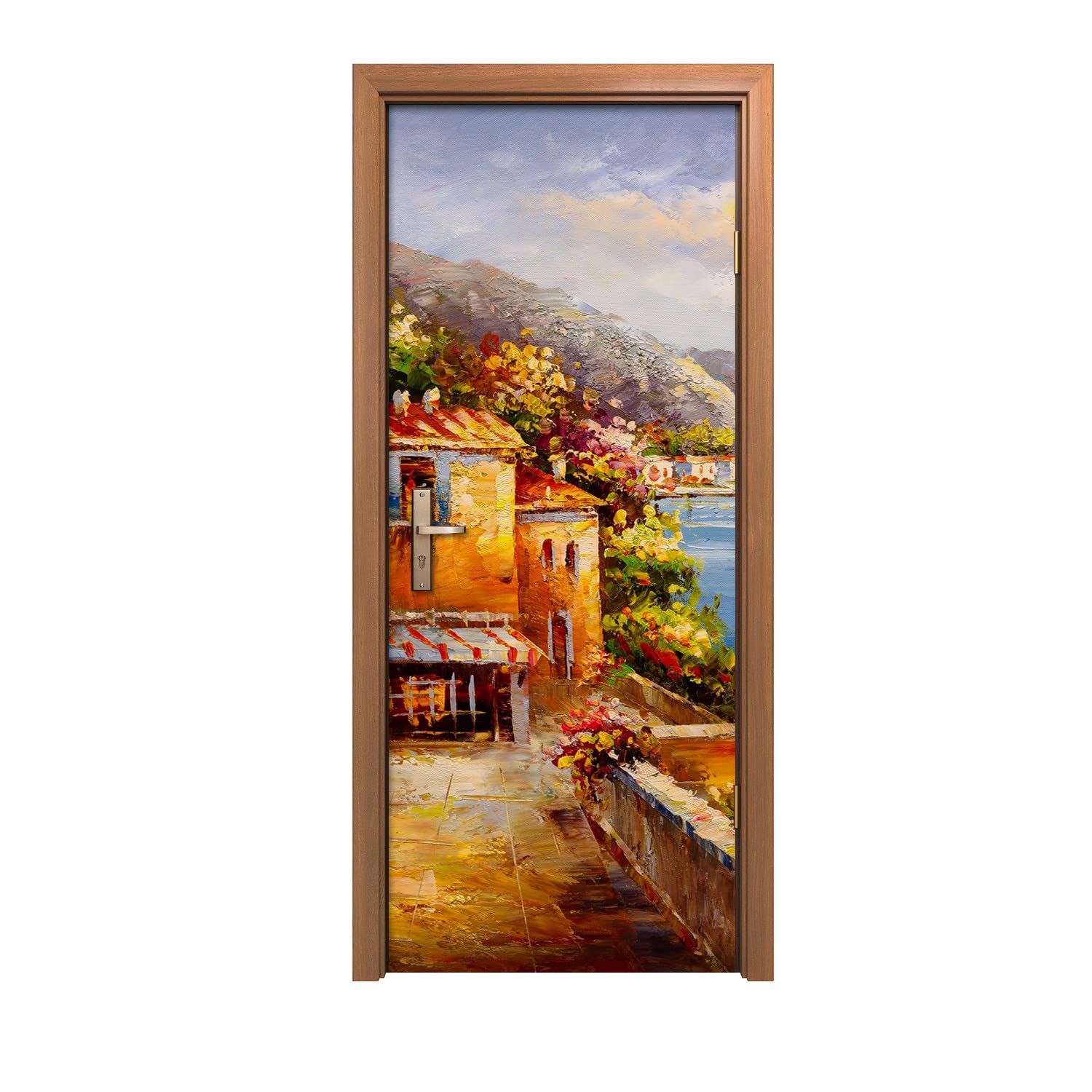 Autocollant de porte trompe l'œil 90x200cm - Design ville côtière haute définition et couleurs vives