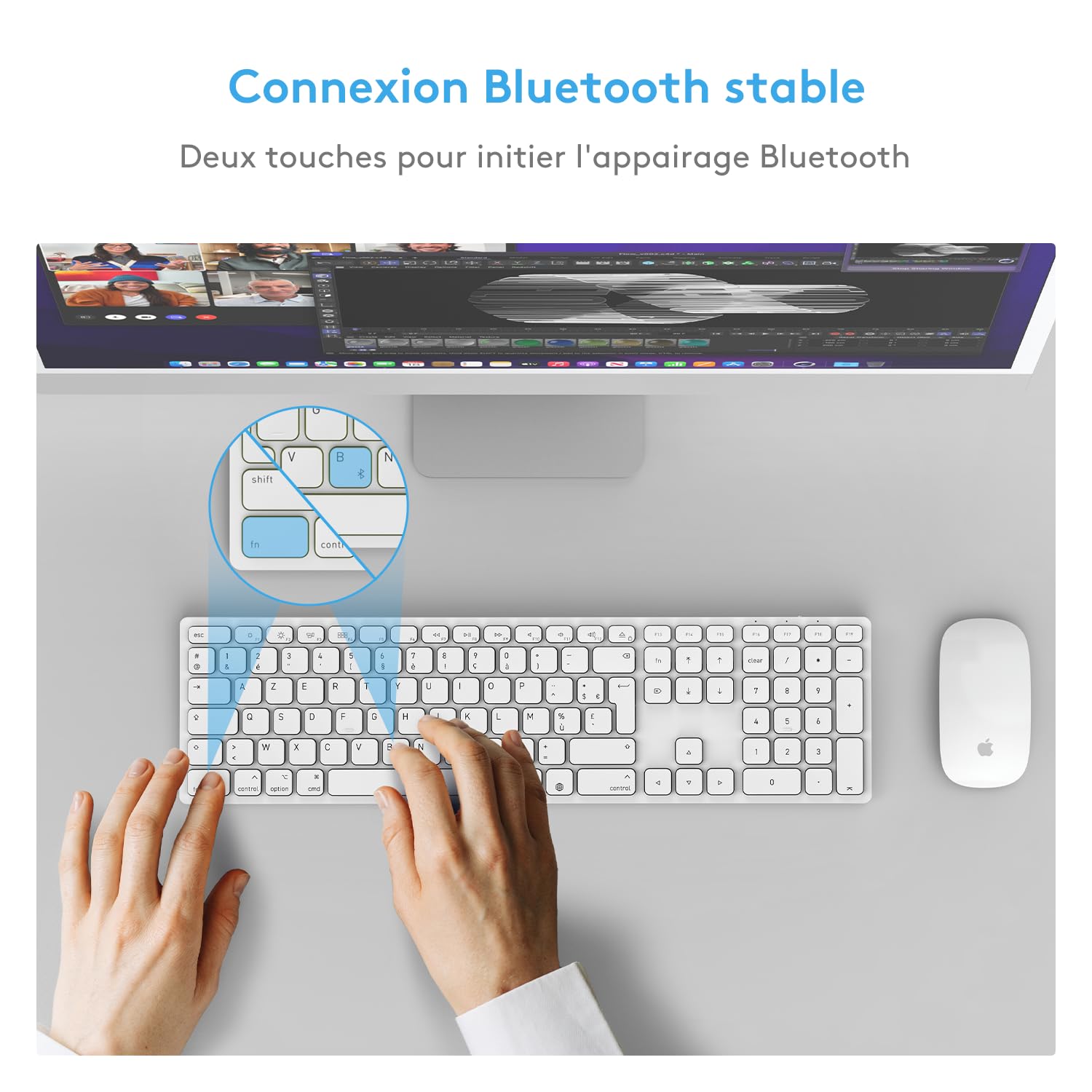 Clavier Bluetooth sans fil pour appareils Mac OS – Disposition AZERTY, Touches ciseaux pour une frappe précise, Batterie rechargeable, 80 jours d'autonomie supplémentaire, Compatible avec iMac/MacBook