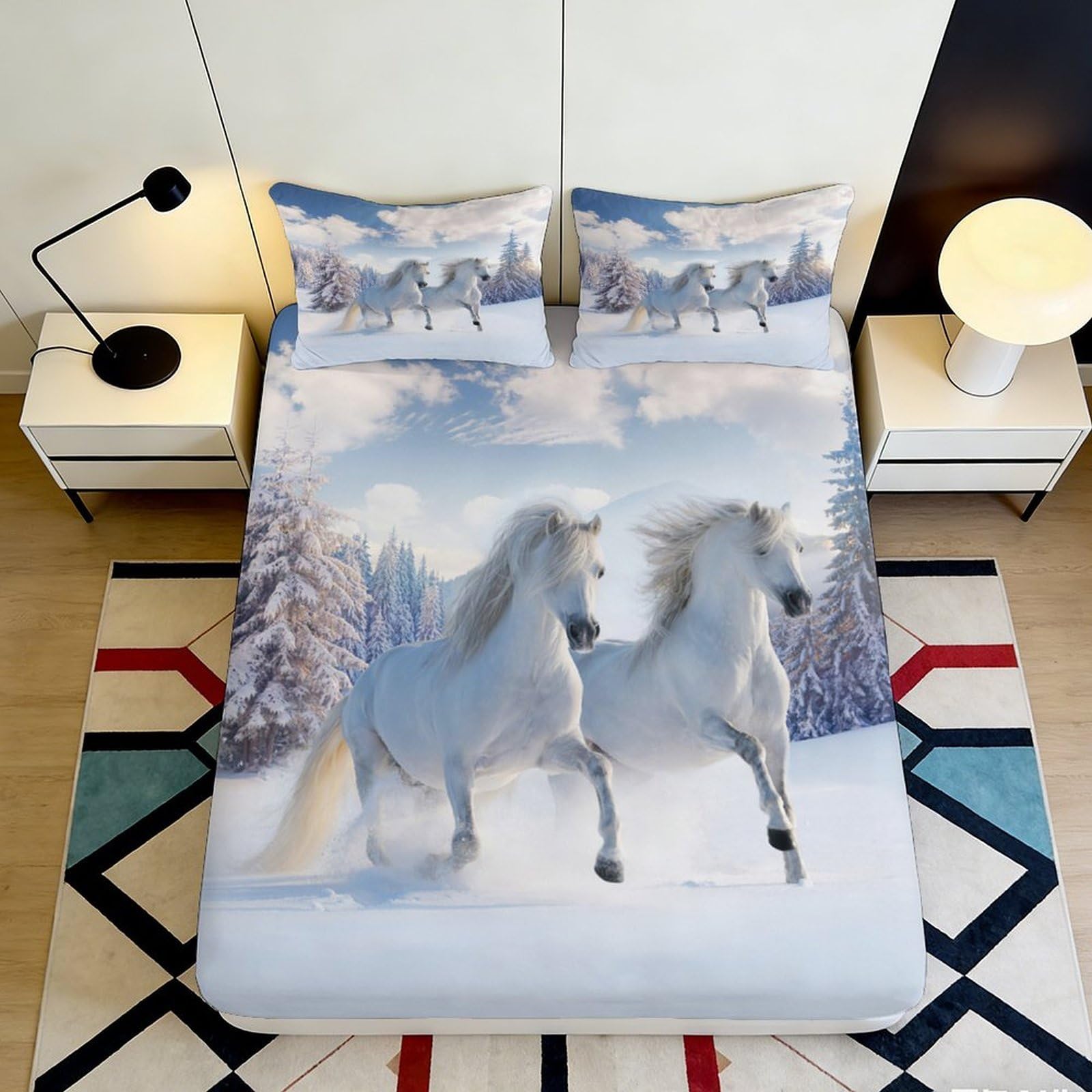Pnayamiorkfel Style-3 3D Printed White Horse Snow Forest Fitted Sheet Microfiber Soft Bed Cover For Bedroom Guest Room Decor 90X200x25cm