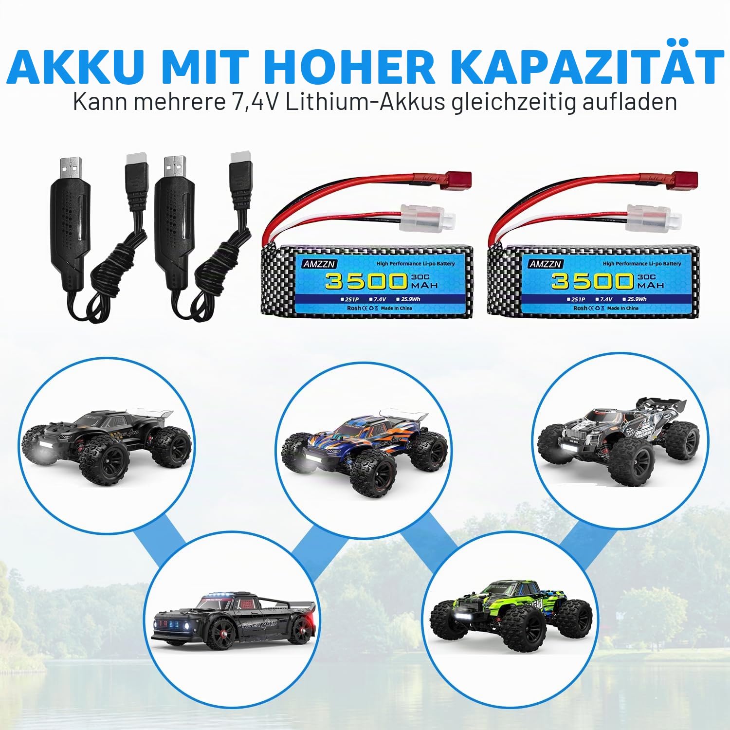 2PCS 7.4V 3500mah 30C 2S T Stecker Lipo Batterie mit 2-in-1 Ladegerät für MJX H16 H16P H16E H16GT H16BM H16DR H16PL 14301 Fernbedienung Auto, aktualisierte Batterie