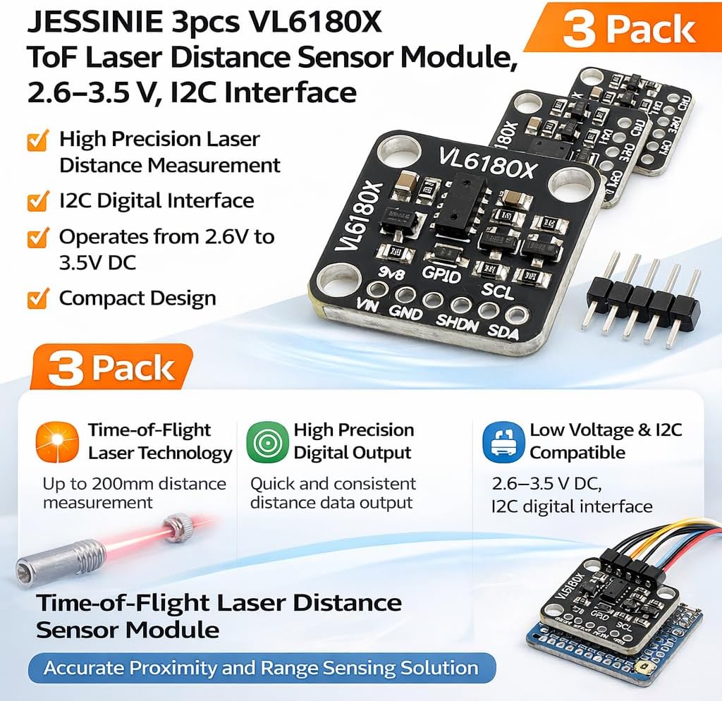 3pcs VL6180X ToF Laser Distance Sensor Module, 2.6–3.5 V, I2C Interface