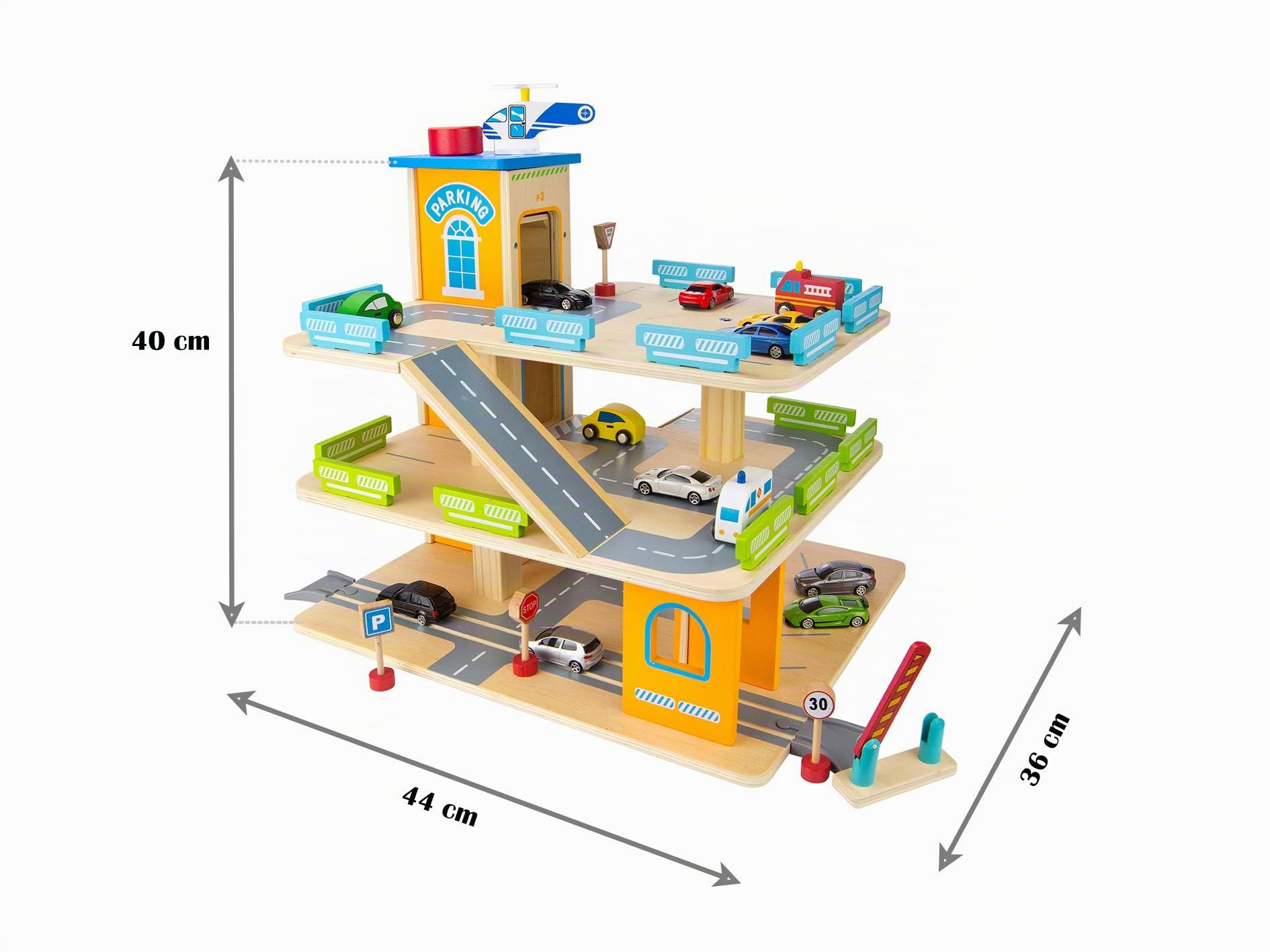 Garaje de Madera con Ascensor Manual y Estructura de 3 Niveles | Cuatro coches incluidos, elevador accionado a mano, estructura en tres plantas para juego infantil de aparcamiento