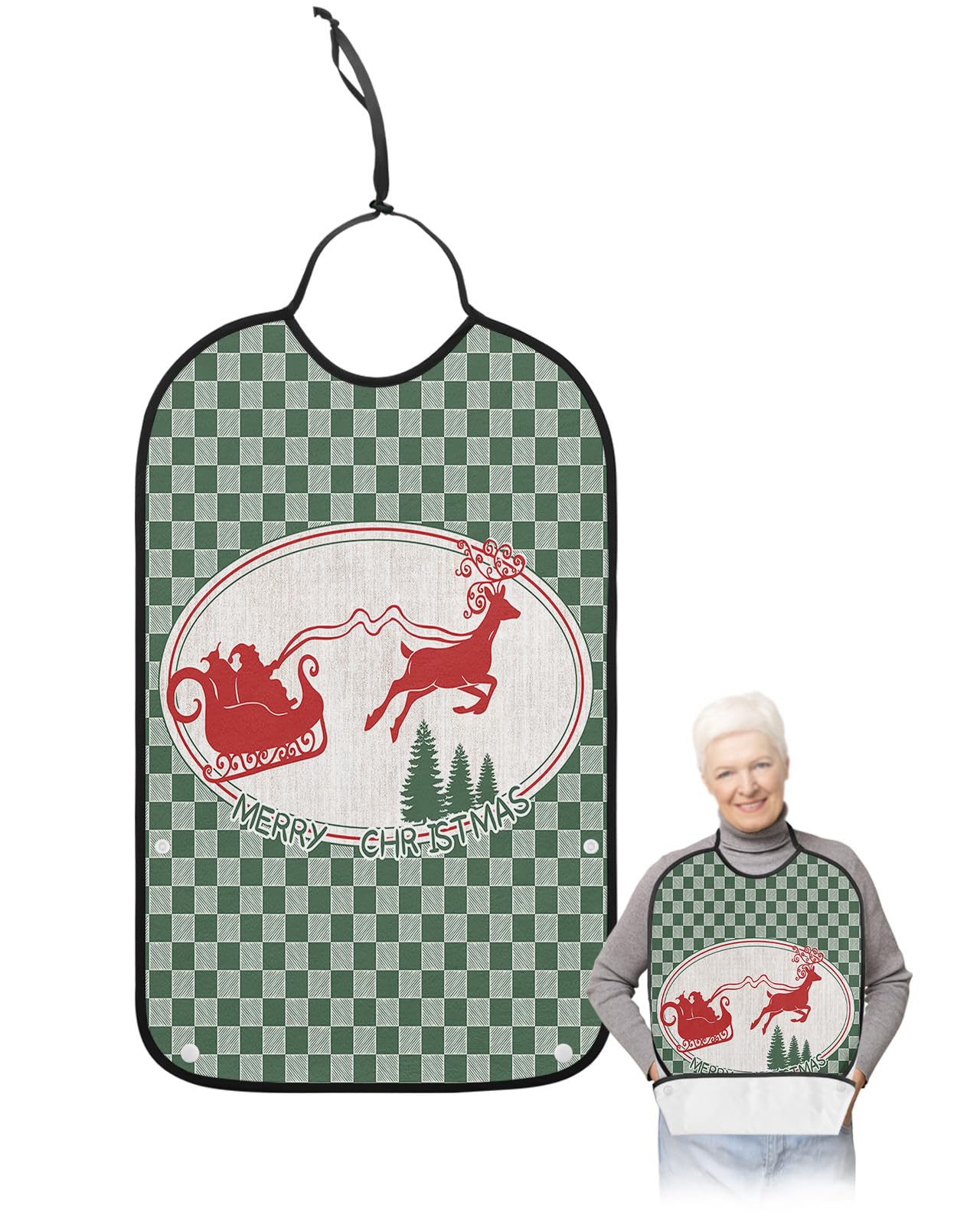 Green Plaid Christmas Adult Bibs for Eating, Waterproof Bibs with Food Catcher & Adjustable Snap Closure, Xmas Tree Elk Green Checkered Washable Clothing Protectors Adult Bibs for Elderly Women/Men