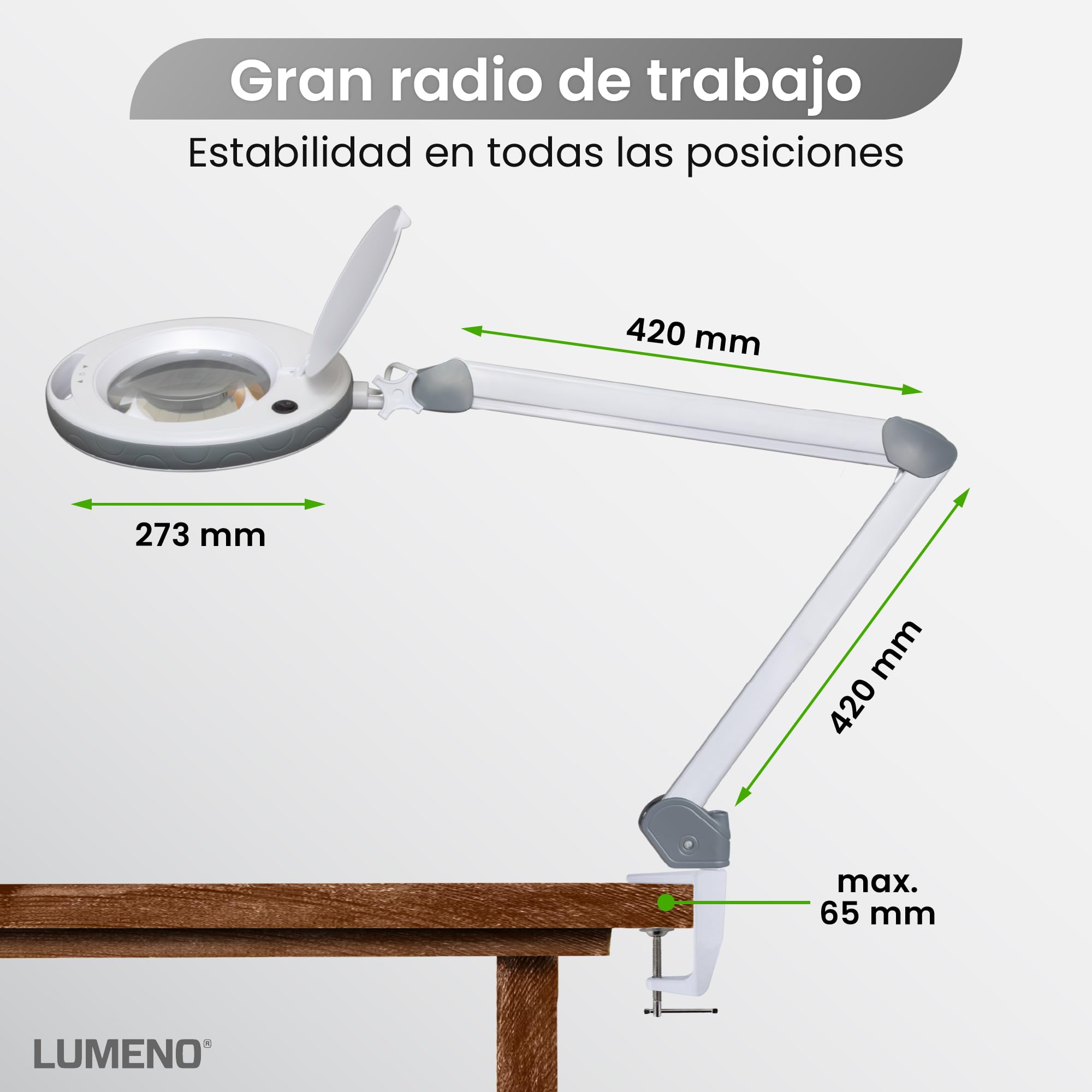Lumeno 8513GR Lámpara lupa LED con gran lente de cristal auténtico de 152 mm, luminosidad regulables, adecuada como lámpara de trabajo, de aumento, ayuda de lectura, lupa estetica, 3 dioptrías gris