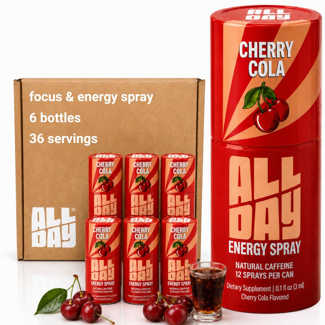 ALLDAY Focus + Energy Spray | Natural Caffeine + L-Theanine + Essential Vitamins | 0 Calorie, 0 Sugar | 12 Spray Bottle | Faster, Cleaner, Smoother Energy* (6 Pack Cherry Cola) Cherry Cola 0.1 Fl Oz (Pack of 6)