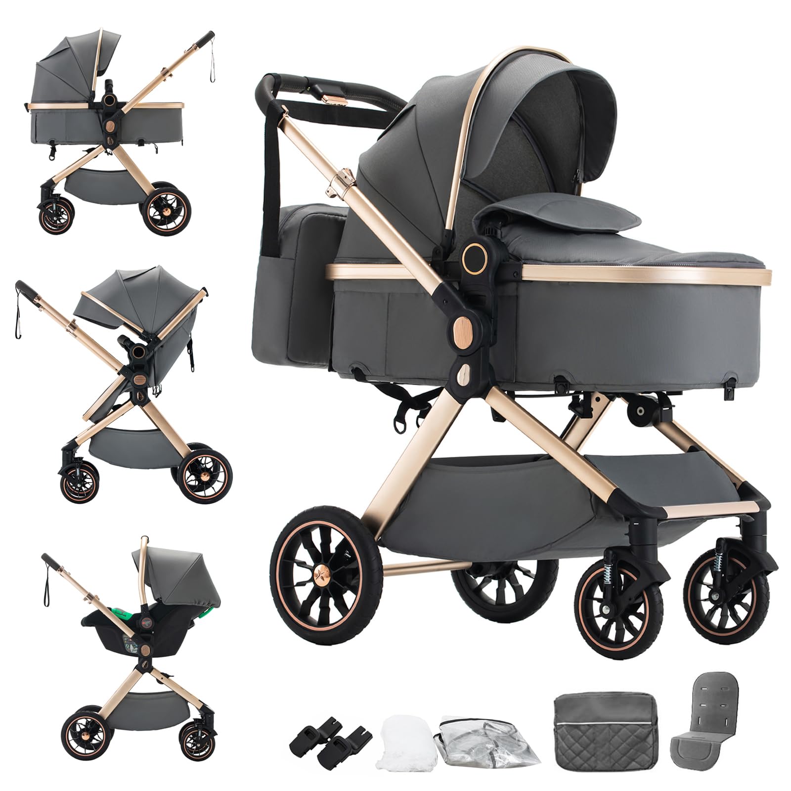 Mobayta 3-in-1 Complete pram Set, 0-4 Years, up to 22 kg, Combi pram Travel Systems for Newborns and Infants (Dark GREY-U9-X, U9-X)