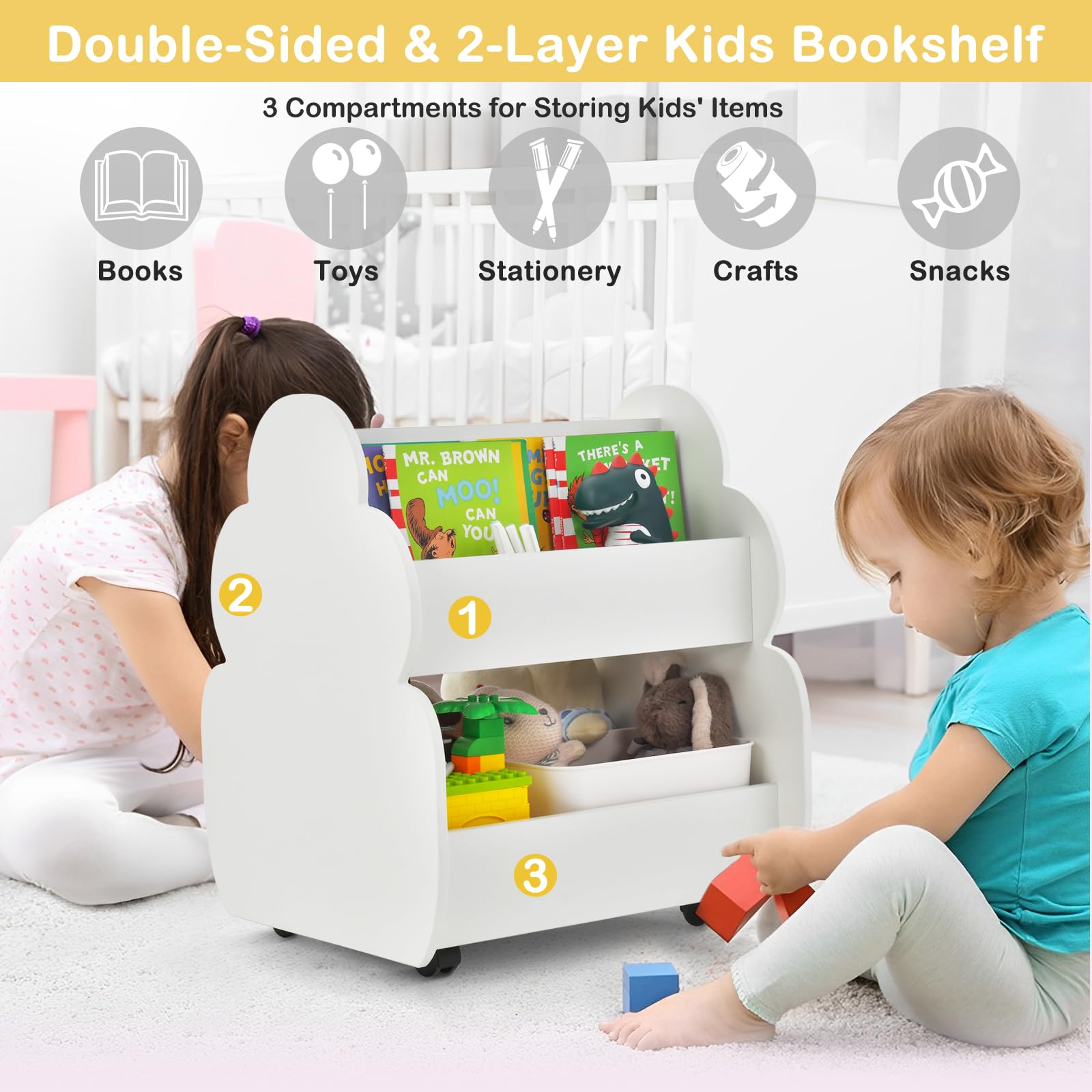 HOMASIS Libreria giocattolo per bambini, con 2 scomparti, in legno, con 4 ruote, per cameretta dei bambini, sala giochi e asilo (bianco), DZ10133