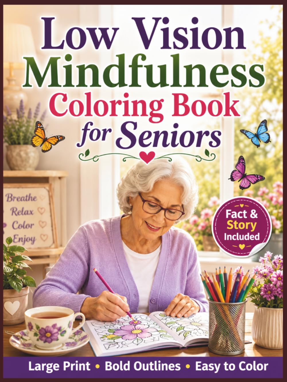 Low Vision Mindfulness Coloring Book for Seniors: 50 Large Print, High Contrast Mindful Designs with Bold Lines and Simple Details for Relaxation, Stress Relief, Focus, and Easy Coloring