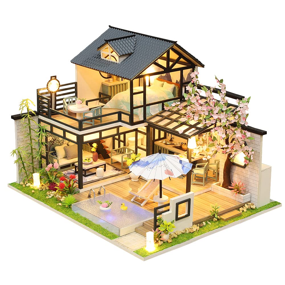 Miniature Chinese style three storey villa dollhouse, wooden furniture, DIY dollhouse kit with LED creative room, adult teen children gift