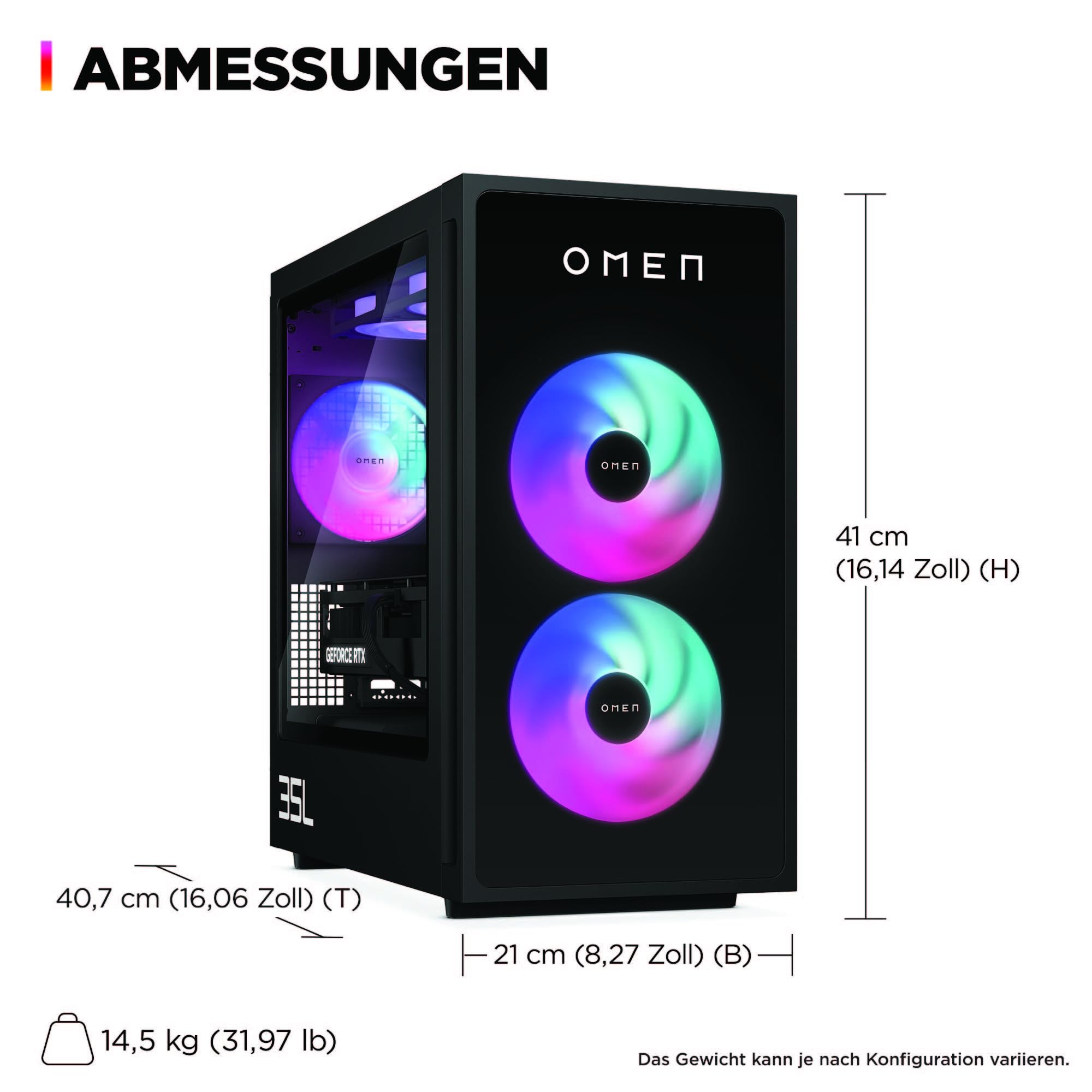 HP Omen GT16-0274ng 35L Gaming Desktop PC, AMD Ryzen 7 8700F, 32 GB DDR5-SDRAM, 1 TB SSD, NVIDIA GeForce RTX 5070, Tower PC, Windows 11 Home, Schwarzes Metall mit Glas Blende