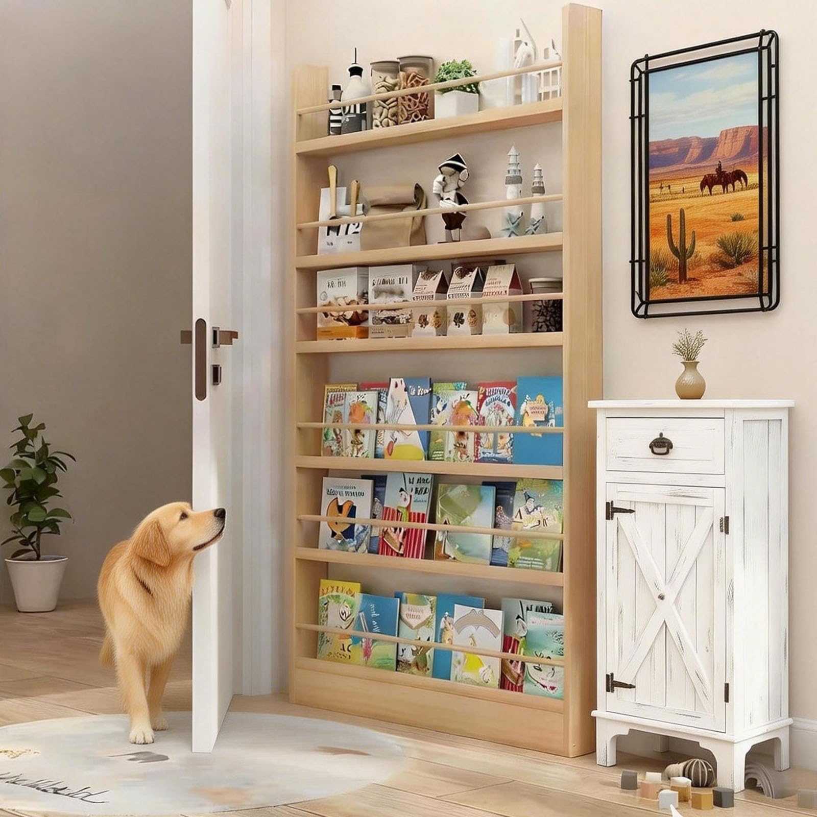 Behind The Door Bookshelf 6-Tier Wooden Behind The Door Storage Cabinet Space Saving Wall Mount Shelf Easy to Install for Bedroom Kid Room Library-31.5" Wide
