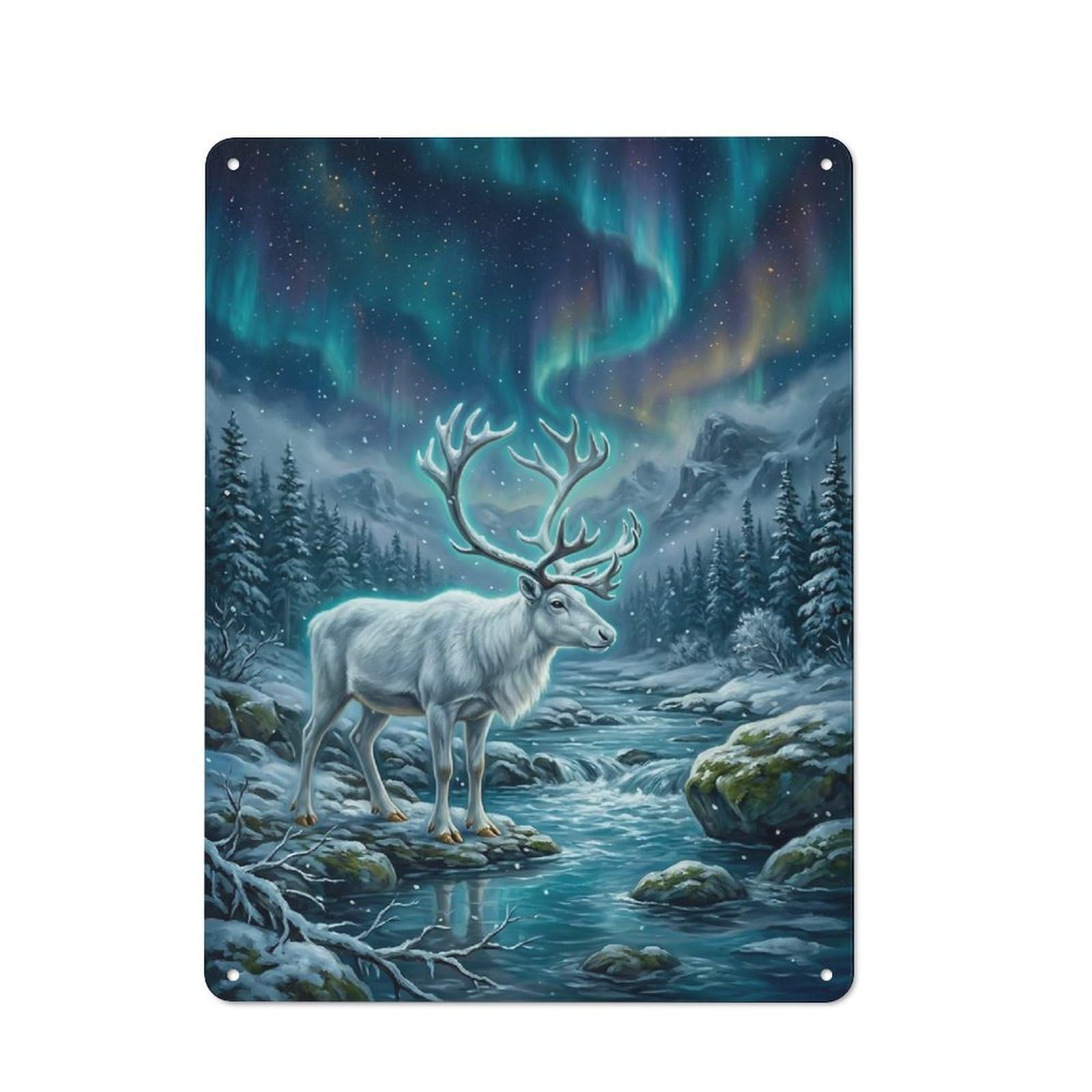 Junmoney Style-7 For Living Room Or Hallway, Reindeer Under Aurora Borealis Vintage Metal Plaque 40X30cm, For Vintage Wall Decor Fans, For Metal Sign Collectors