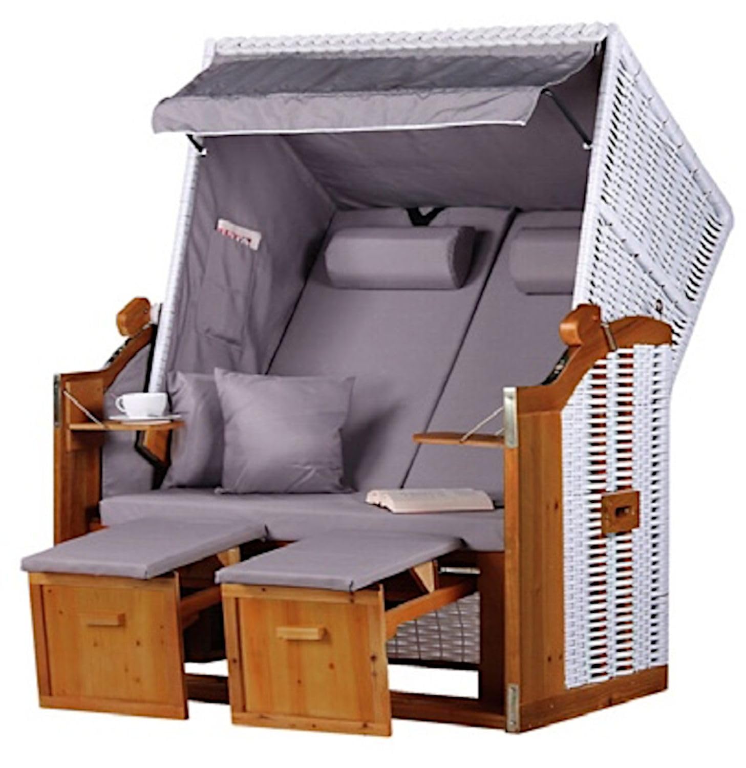 MR. DEKO® Fauteuil-cabine de plage Baltique 2 places | polyéthylène tressé blanc, avec housse gris uni | avec 4 coussins et table pliante - Chaise de plage réglable - En bois dur avec repose-pieds -